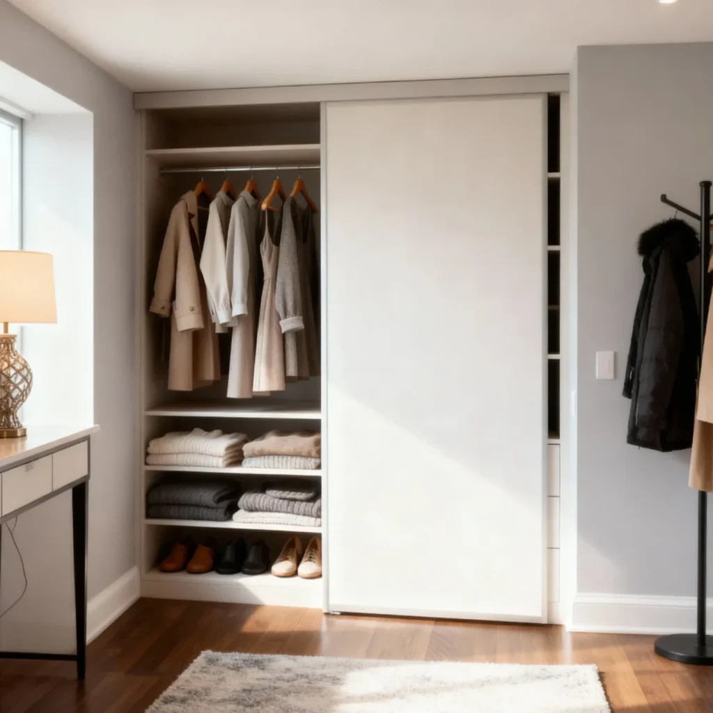 Komandor custom-built wardrobe featuring a bi-pass sliding door system with high-density European thermal-fused laminate (TFL) panels in a soft-touch white finish. The system utilizes precision-engineered aluminum frames and tracks equipped with patented ball-bearing anti-jump mechanisms for silent, smooth operation. This floor-to-ceiling architectural storage solution provides millimeter-precise integration, showcasing the modern alternative to traditional millwork with its low-profile visual aesthetic and durable, moisture-resistant European-grade materials.