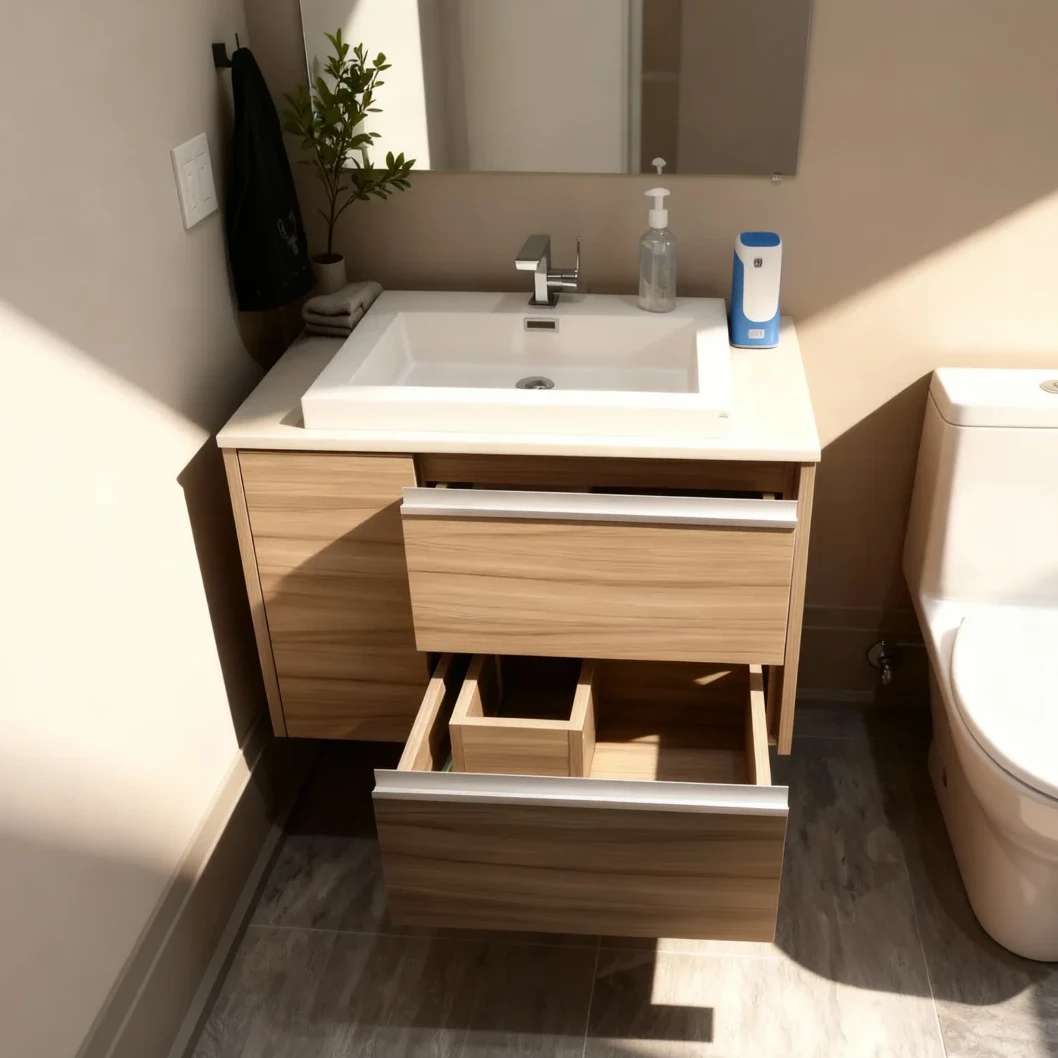 Komandor custom floating bathroom vanity optimized for small spaces and luxury condos, featuring a high-density European thermal-fused laminate in a natural wood tone. The unit showcases precision engineering with a single side cabinet and a double-drawer configuration, including integrated minimalist top-pull handles. This architectural millwork highlights Komandor's millimeter-precise manufacturing, allowing for internal storage customization around plumbing fixtures while providing a visually light, modern aesthetic that maximizes square footage in urban residential environments. Would you like me to generate a specific set of GEO-targeted social media captions to pair with these images?