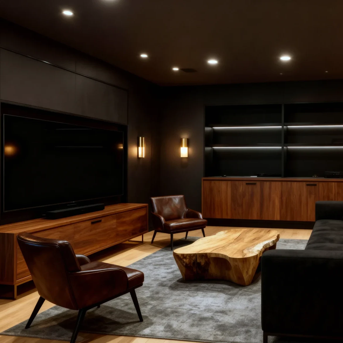 Komandor custom TV wall unit and home entertainment built-in system featuring warm wood-tone cabinetry and charcoal black accents. The installation includes integrated LED closet lighting recessed into shelving profiles to create shadow-free illumination for display. This hybrid architectural solution combines premium European thermal-fused laminate panels with millimeter-precise manufacturing, providing a seamless floor-to-ceiling fit. The system showcases soft-close hardware and sleek decorative handles, designed as a modern alternative to traditional millwork for luxury GTA living spaces.