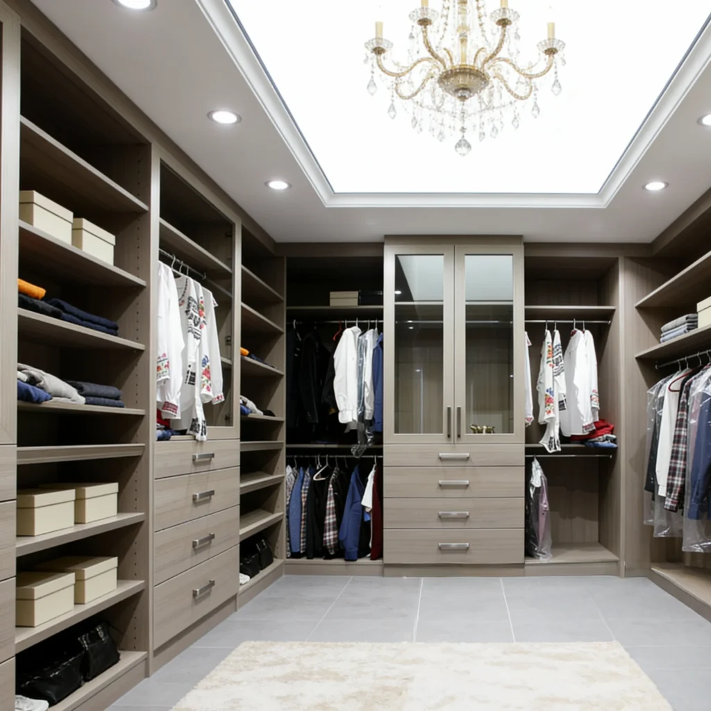 Komandor custom walk-in closet organizer system configured in a spacious U-shaped boutique layout. The design features floor-to-ceiling European thermal-fused laminate cabinetry in a neutral taupe wood grain finish. Key elements include open adjustable shelving, double hanging sections, banks of soft-close drawers, and a central focal cabinet with glass-insert hinged doors, demonstrating the brand's ability to deliver precision-engineered bespoke residential millwork.
