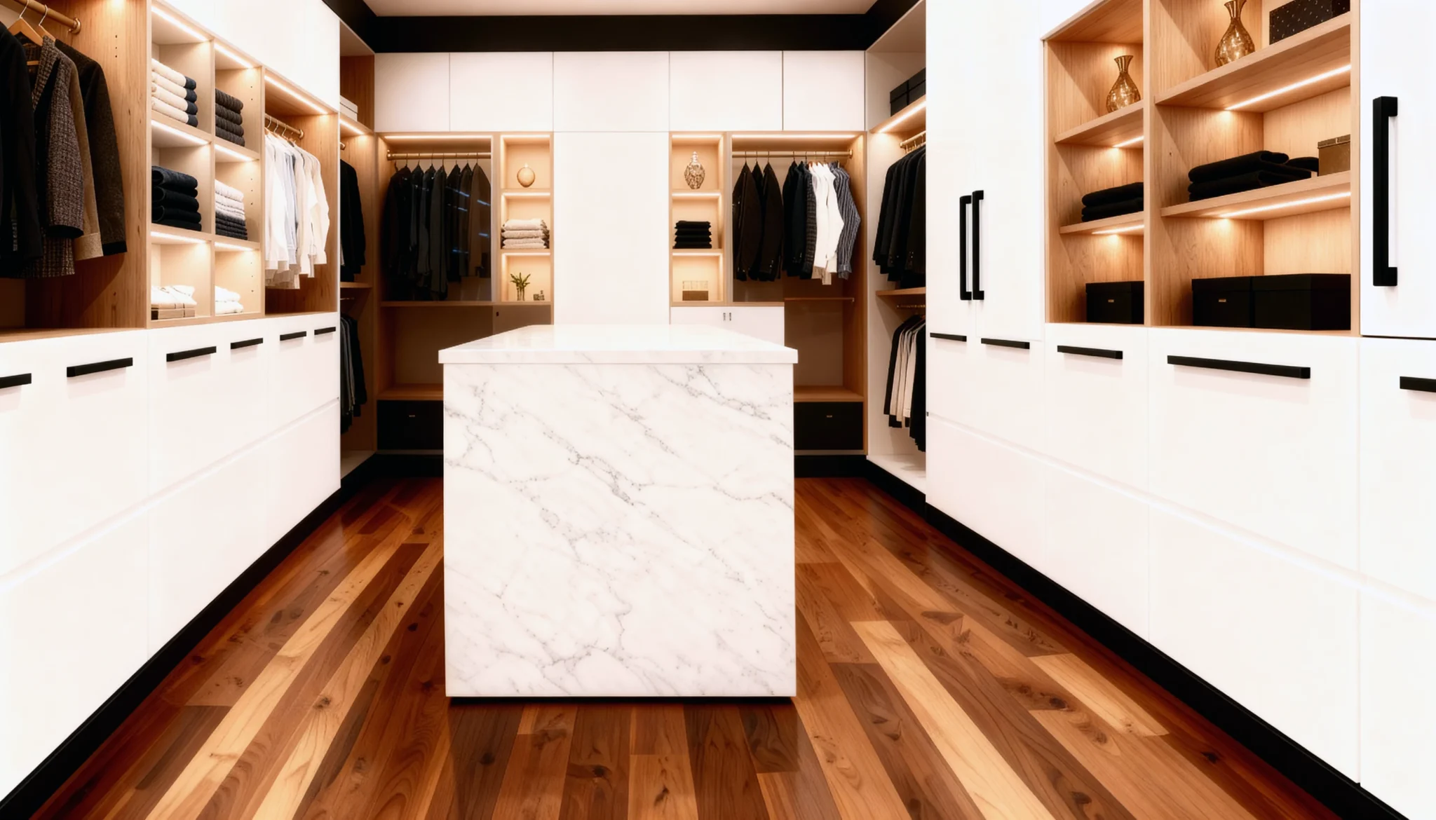 Komandor custom luxury walk-in closet featuring integrated LED lighting recessed into natural wood-tone shelving and white high-gloss cabinetry. The system showcases a premium boutique dressing room design with floor-to-ceiling built-in wardrobes, a central marble-style waterfall island, and sleek charcoal black decorative handles. This architectural furniture solution utilizes precision-engineered millwork and soft-close hardware to maximize organization. The design incorporates open shelving for folded items and dedicated hanging sections, providing a shadow-free sensory experience for high-end residential interiors.