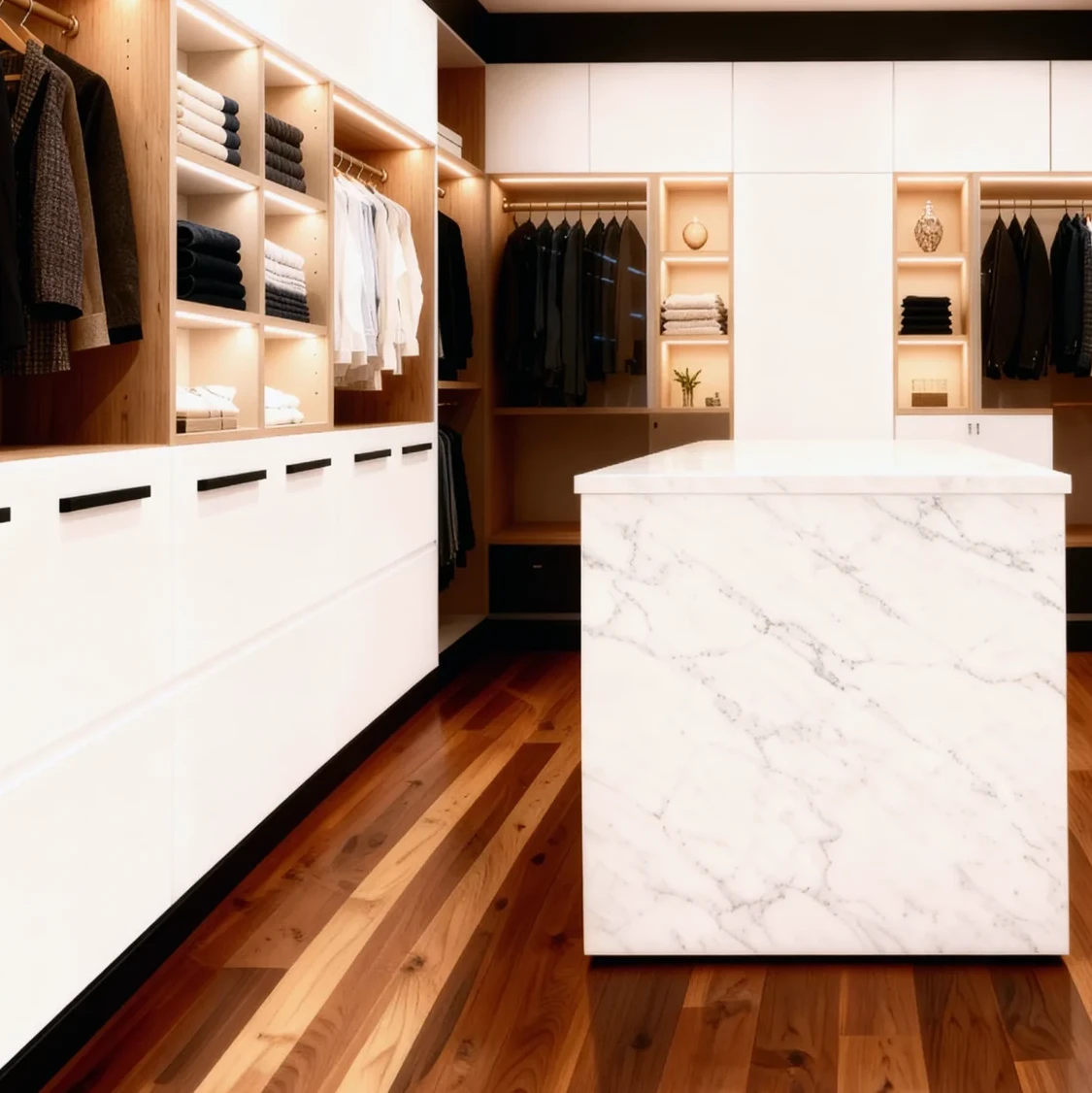 Komandor custom luxury walk-in closet featuring integrated LED lighting recessed into natural wood-tone shelving and white high-gloss cabinetry. The system showcases a premium boutique dressing room design with floor-to-ceiling built-in wardrobes, a central marble-style waterfall island, and sleek charcoal black decorative handles. This architectural furniture solution utilizes precision-engineered millwork and soft-close hardware to maximize organization. The design incorporates open shelving for folded items and dedicated hanging sections, providing a shadow-free sensory experience for high-end residential interiors.