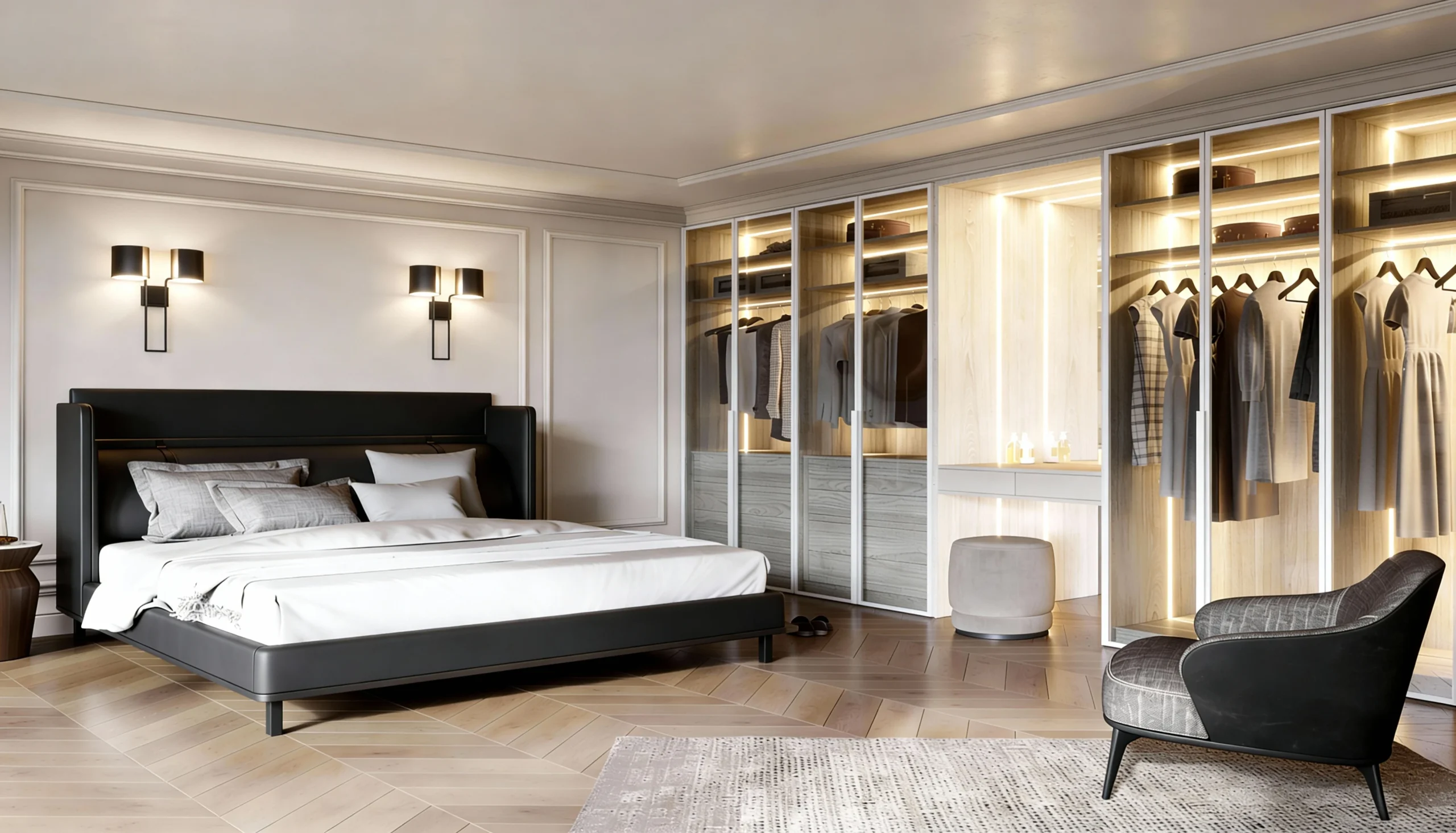 Komandor custom built-in wardrobe and closet organizer system featuring floor-to-ceiling aluminum-framed bi-pass sliding doors with mixed transparent glass and wood-grain laminate inserts. The hybrid architectural storage design includes a dedicated vanity station and open shelving illuminated by recessed integrated LED lighting strips set into the vertical aluminum profiles. The structure utilizes high-density European thermal-fused laminate (TFL) cabinetry and Komandor’s patented anti-jump ball-bearing roller mechanism for smooth, silent operation on a bottom-mounted track.