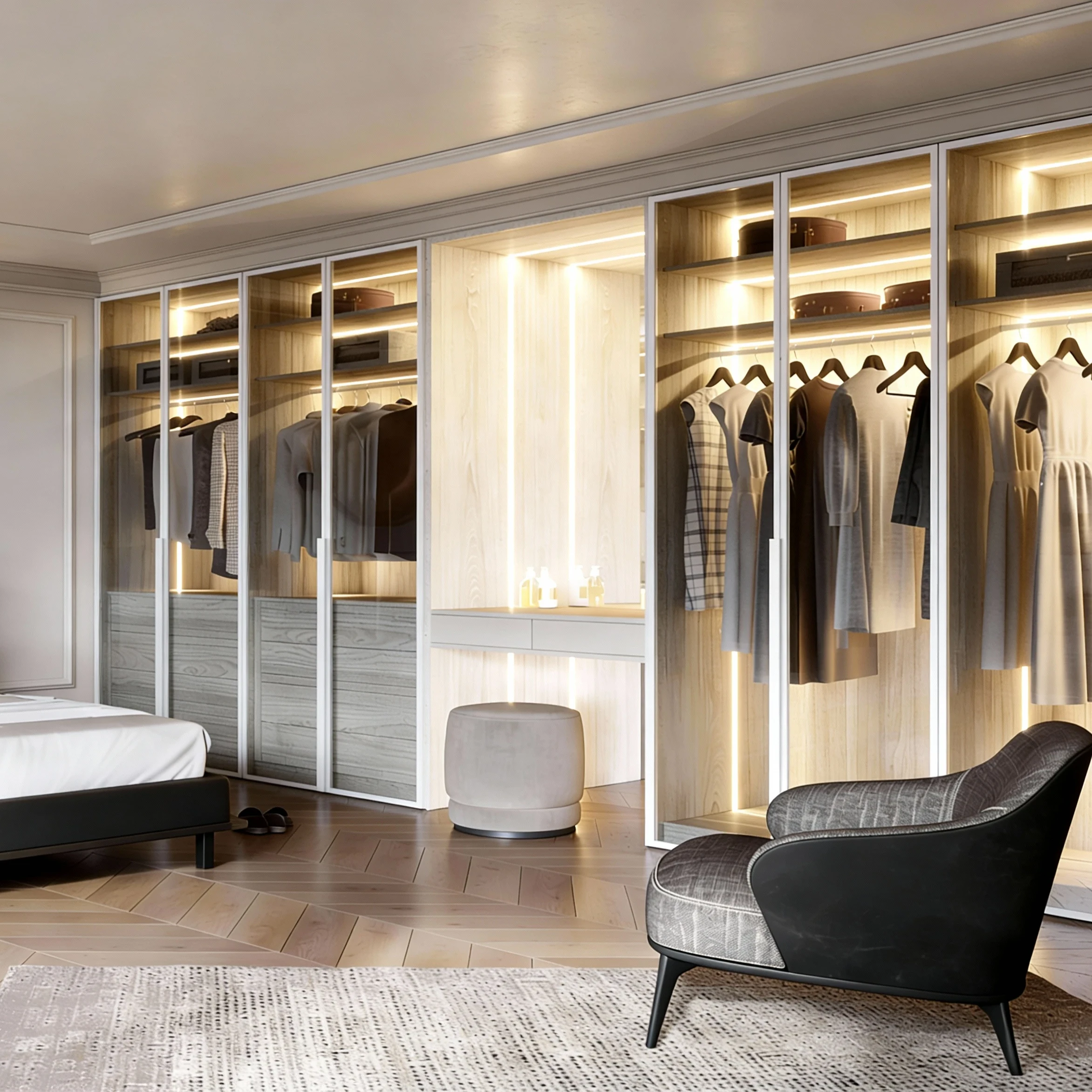 Komandor custom built-in wardrobe and closet organizer system featuring floor-to-ceiling aluminum-framed bi-pass sliding doors with mixed transparent glass and wood-grain laminate inserts. The hybrid architectural storage design includes a dedicated vanity station and open shelving illuminated by recessed integrated LED lighting strips set into the vertical aluminum profiles. The structure utilizes high-density European thermal-fused laminate (TFL) cabinetry and Komandor’s patented anti-jump ball-bearing roller mechanism for smooth, silent operation on a bottom-mounted track.