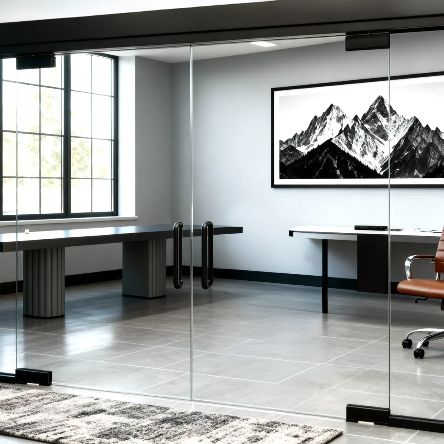 Komandor architectural glass partition system configured as a transparent meeting room enclosure. The design features floor-to-ceiling clear tempered safety glass panels secured with minimal anodized black top and bottom rails. The entrance is defined by a frameless glass swing door equipped with distinctive vertical black handle hardware, creating a sophisticated, light-filled workspace that maintains acoustic privacy without obstructing sightlines.