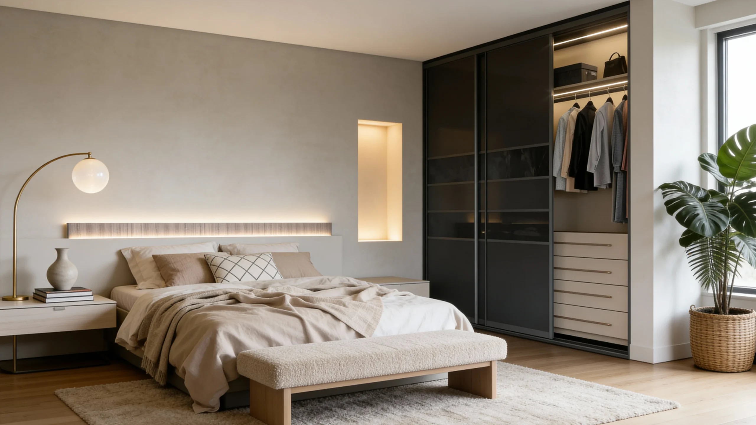 Komandor custom built-in wardrobe system featuring floor-to-ceiling aluminum-framed bi-pass sliding doors with dark tinted glass inserts and horizontal connecting profiles. The interior custom closet organizer includes recessed integrated LED lighting strips, aluminum hanging rods, and a bank of soft-close drawers with neutral high-density laminate fronts. This hybrid architectural storage solution utilizes a durable bottom-mounted track with Komandor’s patented anti-jump ball-bearing roller mechanism for silent, precision movement.