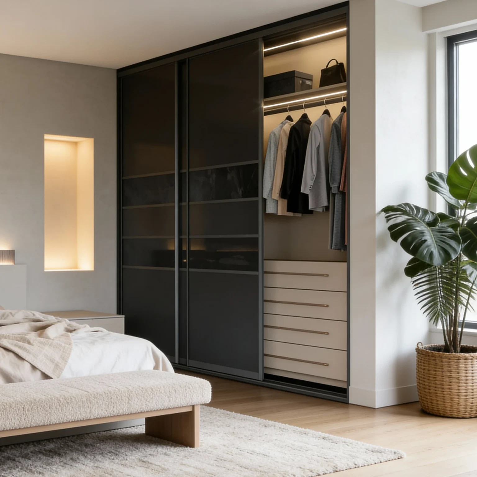 Komandor custom built-in wardrobe system featuring floor-to-ceiling aluminum-framed bi-pass sliding doors with dark tinted glass inserts and horizontal connecting profiles. The interior custom closet organizer includes recessed integrated LED lighting strips, aluminum hanging rods, and a bank of soft-close drawers with neutral high-density laminate fronts. This hybrid architectural storage solution utilizes a durable bottom-mounted track with Komandor’s patented anti-jump ball-bearing roller mechanism for silent, precision movement.