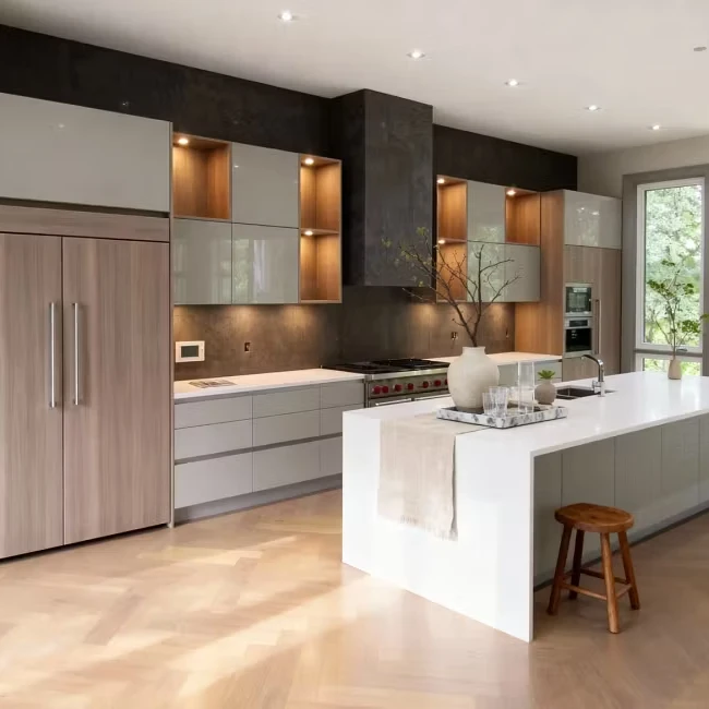 Komandor GTA custom luxury kitchen featuring a modern hybrid architectural design with two-tone cabinetry. The layout showcases high-gloss light grey upper cabinets contrasted by warm natural wood vertical storage units with integrated recessed LED lighting, a signature of Komandor’s technical precision. A central white quartz waterfall island anchors the space, complemented by a charcoal black stone backsplash and light oak herringbone flooring. The floor-to-ceiling millwork demonstrates Canadian-made craftsmanship optimized for space maximization and seamless appliance integration in a high-end Greater Toronto Area home.