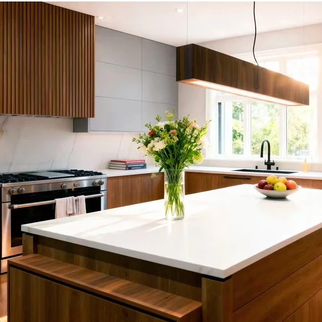 Architectural kitchen design featuring a striking custom wood-slat range hood enclosure that adds vertical texture to the space. A minimalist linear wood pendant light hangs above a pristine white quartz island countertop, emphasizing the room's horizontal lines. The cabinetry combines warm wood veneers on the lower units with sleek, matte grey flat-panel upper cabinets for a two-tone modern aesthetic. A professional stainless steel gas range and a matte black faucet positioned in front of a large, natural-light-filled window complete this high-end residential interior.