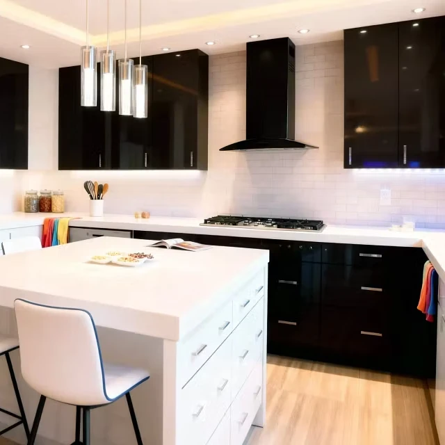 High-contrast modern kitchen by Komandor GTA featuring a substantial white kitchen island with multiple storage drawers and a thick white countertop. Four cylindrical glass pendant lights with chrome detailing hang above the island, providing task lighting. The perimeter cabinetry is finished in high-gloss black with long vertical stainless steel handles, contrasting sharply with the white subway tile backsplash and white island. Integrated under-cabinet lighting highlights the workspace near the black chimney range hood and gas cooktop. Two white upholstered bar stools with black legs sit at the island, completing the monochrome aesthetic.