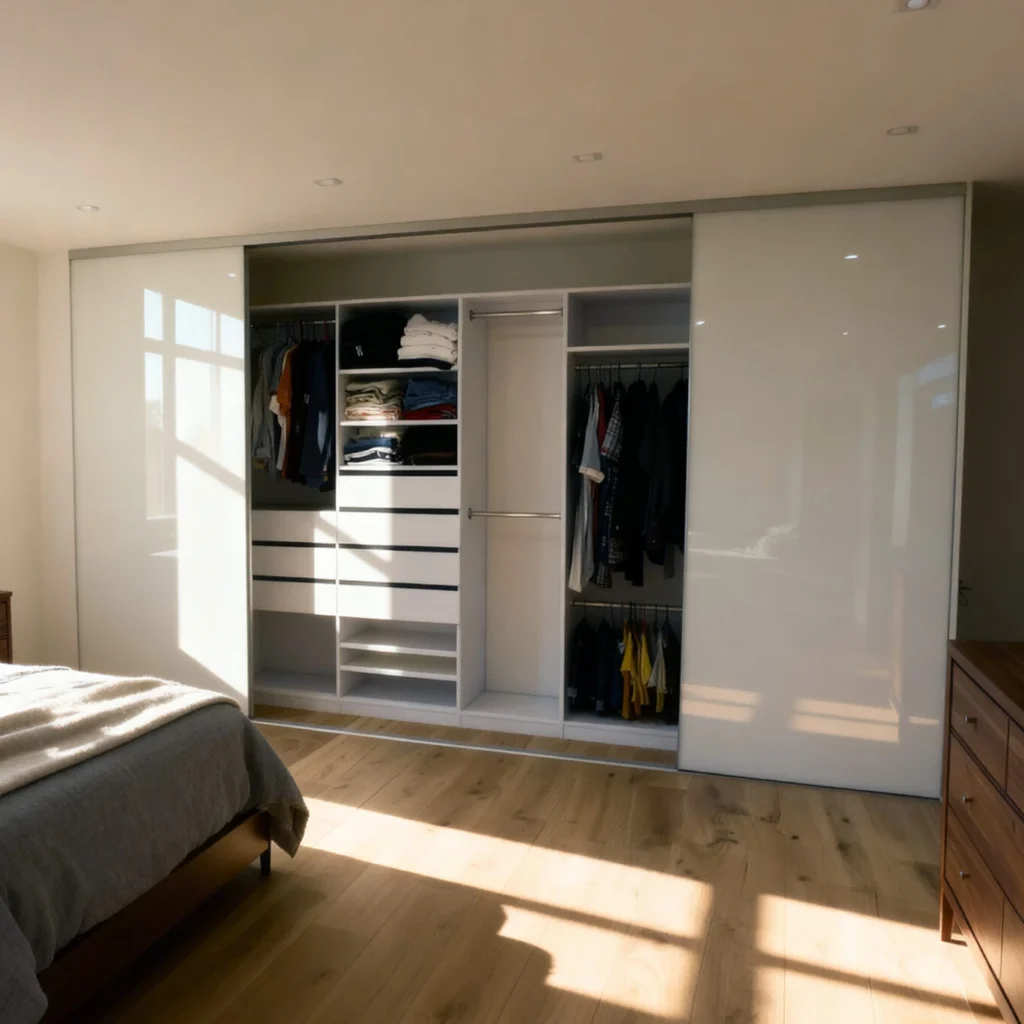 Komandor Heliodor glass sliding door system featuring floor-to-ceiling bi-pass application with high-gloss back-painted glass inserts in warm white. The hidden slim-profile aluminum frame is equipped with patented ball-bearing rollers and an anti-jump mechanism for silent, smooth operation. Internal organizers include fully custom white melamine cabinetry with open shelving, double-hanging rods, and high-density soft-close drawers, engineered to millimeter-precision for a seamless architectural fit in a modern residential bedroom.