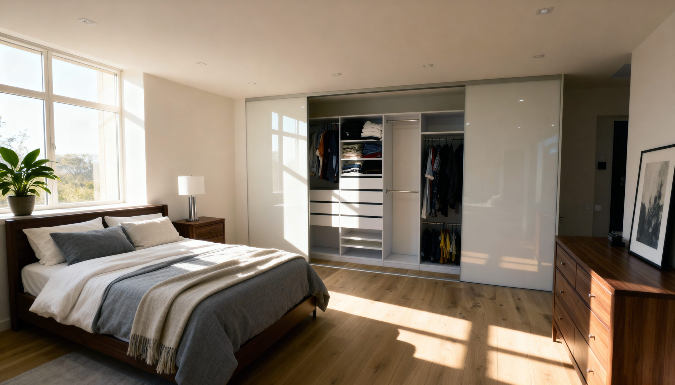 Komandor Heliodor glass sliding door system featuring floor-to-ceiling bi-pass application with high-gloss back-painted glass inserts in warm white. The hidden slim-profile aluminum frame is equipped with patented ball-bearing rollers and an anti-jump mechanism for silent, smooth operation. Internal organizers include fully custom white melamine cabinetry with open shelving, double-hanging rods, and high-density soft-close drawers, engineered to millimeter-precision for a seamless architectural fit in a modern residential bedroom.