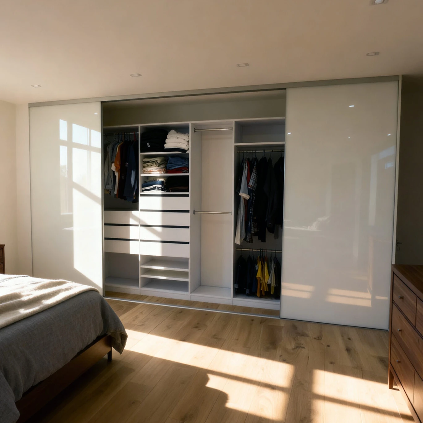 Komandor Heliodor glass sliding door system featuring floor-to-ceiling bi-pass application with high-gloss back-painted glass inserts in warm white. The hidden slim-profile aluminum frame is equipped with patented ball-bearing rollers and an anti-jump mechanism for silent, smooth operation. Internal organizers include fully custom white melamine cabinetry with open shelving, double-hanging rods, and high-density soft-close drawers, engineered to millimeter-precision for a seamless architectural fit in a modern residential bedroom.