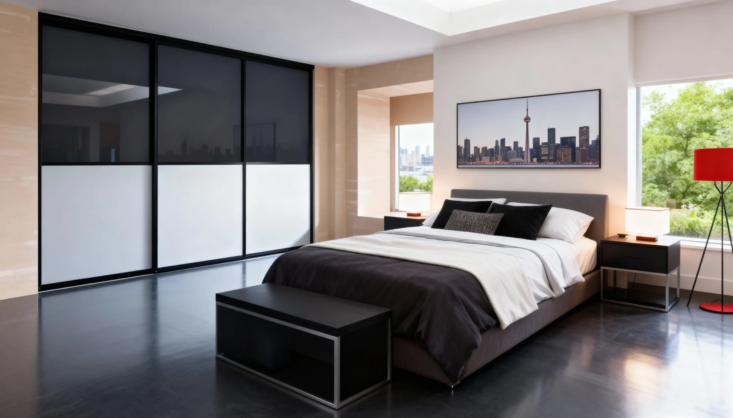 Komandor Heliodor aluminum-framed bi-pass sliding door system featuring a three-panel configuration with integrated horizontal mullions. The top panels utilize dark tinted architectural glass, while the lower panels feature high-contrast warm white laminate inserts. The ultra-slim Heliodor frame is engineered with high-grade anodized aluminum and equipped with proprietary ball-bearing anti-jump rollers and a recessed bottom track for smooth, silent operation and architectural-grade structural stability.