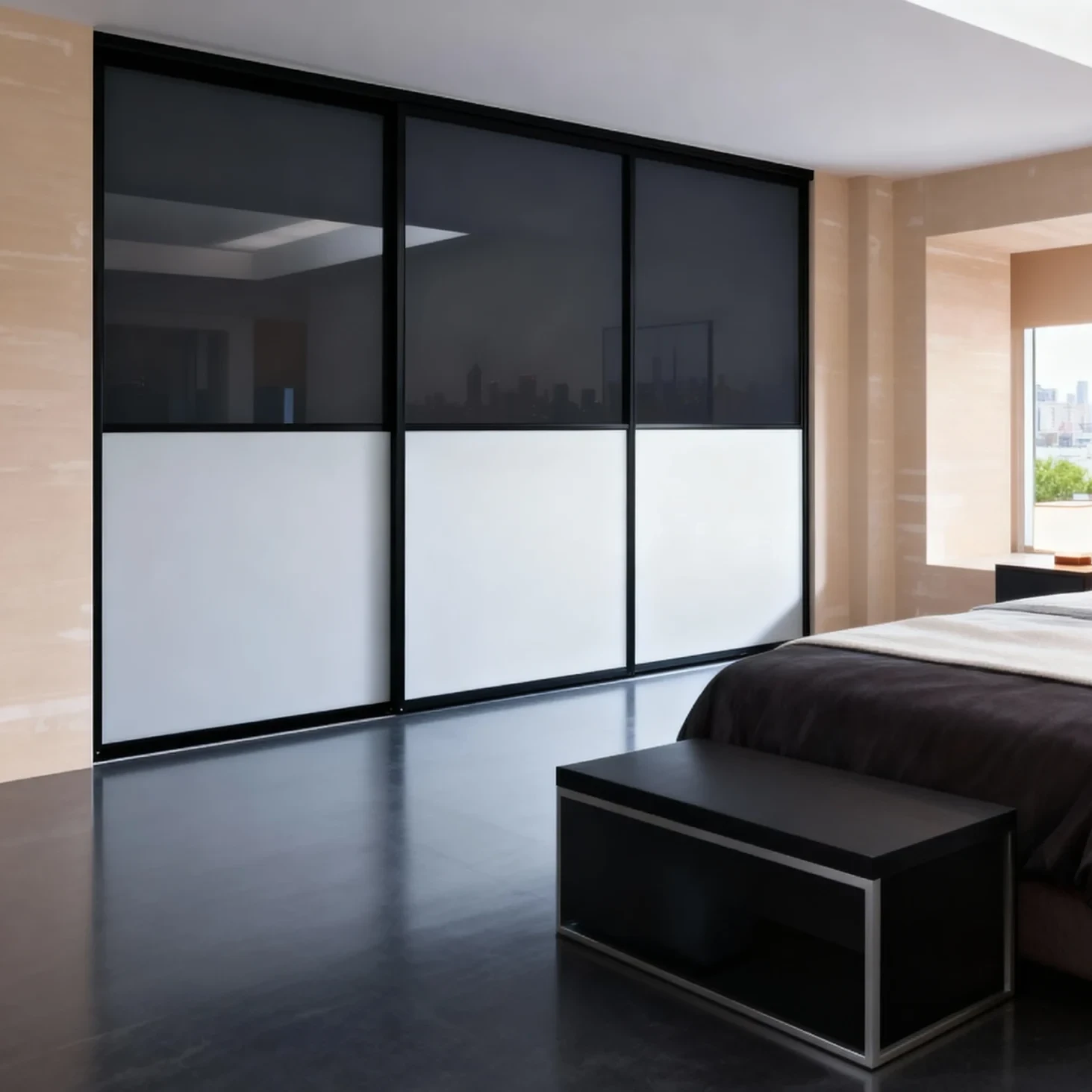 Komandor Heliodor aluminum-framed bi-pass sliding door system featuring a three-panel configuration with integrated horizontal mullions. The top panels utilize dark tinted architectural glass, while the lower panels feature high-contrast warm white laminate inserts. The ultra-slim Heliodor frame is engineered with high-grade anodized aluminum and equipped with proprietary ball-bearing anti-jump rollers and a recessed bottom track for smooth, silent operation and architectural-grade structural stability.