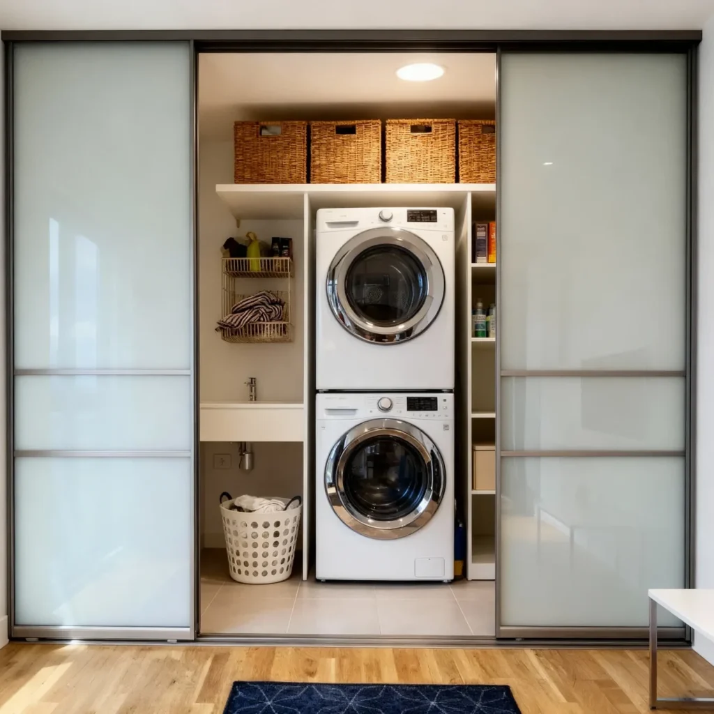 Komandor Heliodor sliding door system featuring a bi-pass application with thin-profile aluminum frames and frosted glass inserts. This custom laundry storage solution utilizes high-grade anodized aluminum tracks and patented anti-jump rollers for silent, smooth operation. The interior showcases millimetre-precise white laminate cabinetry integrated with a stacked washer-dryer unit, maximizing vertical space. This architectural furniture system provides a modern alternative to traditional closet doors, offering a sleek, moisture-resistant barrier for utility spaces.