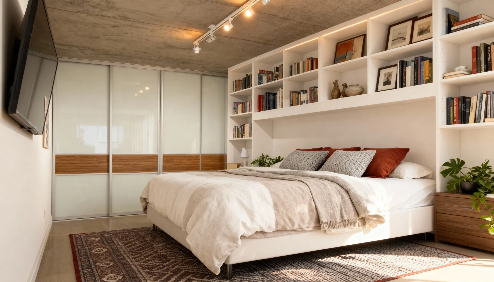 Komandor Heliodor sliding closet door system integrated with custom floor-to-ceiling shelving and a built-in library workstation. The sliding doors feature frosted glass inserts paired with natural wood tone laminate panels in an aluminum frame, utilizing ball-bearing rollers and an anti-jump mechanism for silent operation. The adjacent white cabinetry includes integrated LED lighting recessed into architectural profiles to provide shadow-free illumination. This bespoke architectural furniture system is manufactured to millimeter-precise specifications, offering a high-end organizational solution for modern Toronto condo bedrooms.