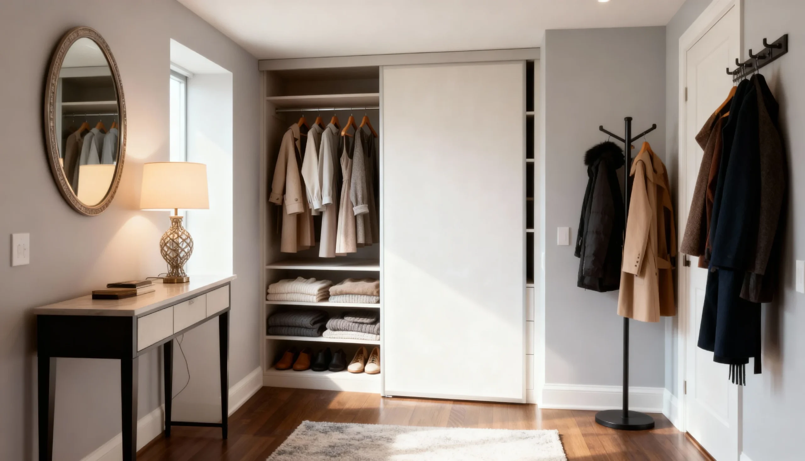 Komandor Heliodor concealed-frame sliding door system featuring white back-painted glass inserts. This high-end architectural solution utilizes the Heliodor bi-pass mechanism, characterized by its ultra-slim visible profiles and sophisticated soft-close technology. The interior is a Komandor custom reach-in closet organizer constructed from high-density 18mm European thermal-fused laminate (TFL) in a neutral finish. The system incorporates precision-engineered anti-jump rollers and anodized aluminum tracks for silent, smooth operation, providing a seamless modern alternative to traditional closet millwork in luxury residential applications.