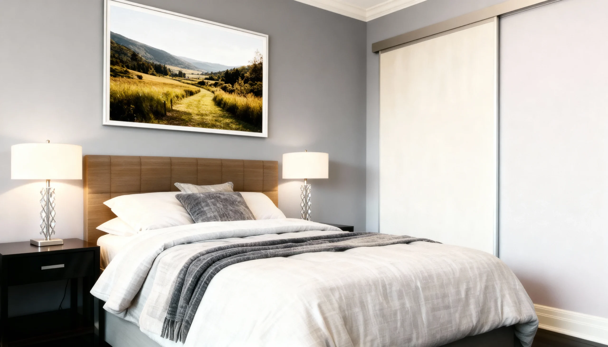 Komandor Heliodor thin-profile aluminum sliding door system featuring a bi-pass configuration and floor-to-ceiling installation. The doors utilize high-density European thermal-fused laminate in a warm white finish, integrated into a minimalist anodized aluminum frame. The system is engineered with proprietary precision ball-bearing bottom rollers and an anti-jump mechanism for silent, smooth operation. This architectural furniture system provides a seamless, flush-mount appearance for residential bedroom storage without the need for traditional bulky wood framing.