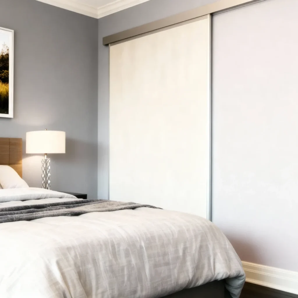 Komandor Heliodor thin-profile aluminum sliding door system featuring a bi-pass configuration and floor-to-ceiling installation. The doors utilize high-density European thermal-fused laminate in a warm white finish, integrated into a minimalist anodized aluminum frame. The system is engineered with proprietary precision ball-bearing bottom rollers and an anti-jump mechanism for silent, smooth operation. This architectural furniture system provides a seamless, flush-mount appearance for residential bedroom storage without the need for traditional bulky wood framing.