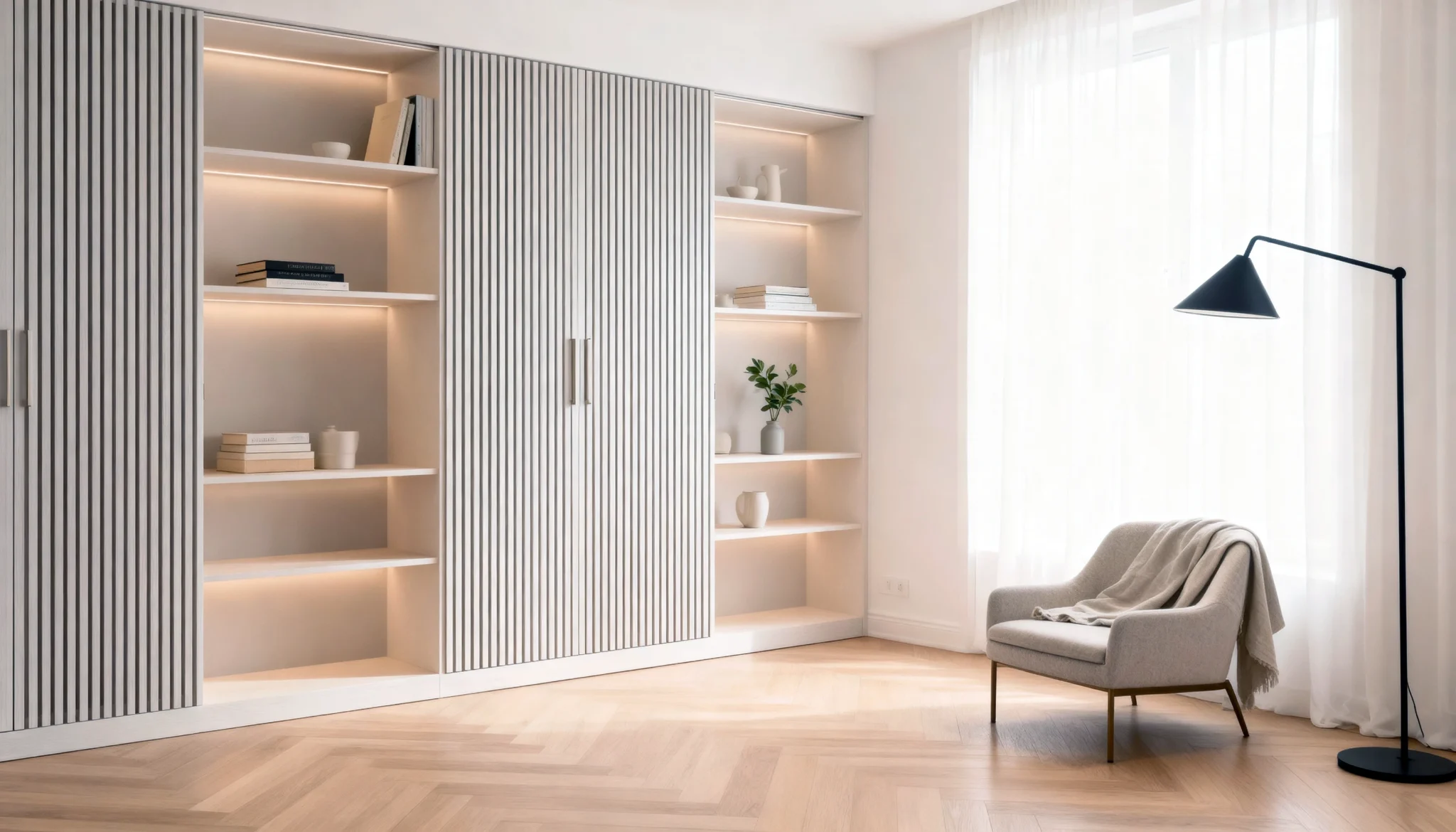 Komandor Heliodor sliding door system featuring a fluted decorative panel finish and custom floor-to-ceiling built-in shelving. This architectural furniture system includes integrated LED closet lighting recessed directly into the millwork profiles to provide shadow-free illumination. The sliding doors utilize a bi-pass application with patented ball-bearing rollers and an anti-jump mechanism for smooth, quiet operation. Every component is custom-manufactured to the nearest 1/32 inch, offering a high-end European design alternative to traditional static cabinetry.