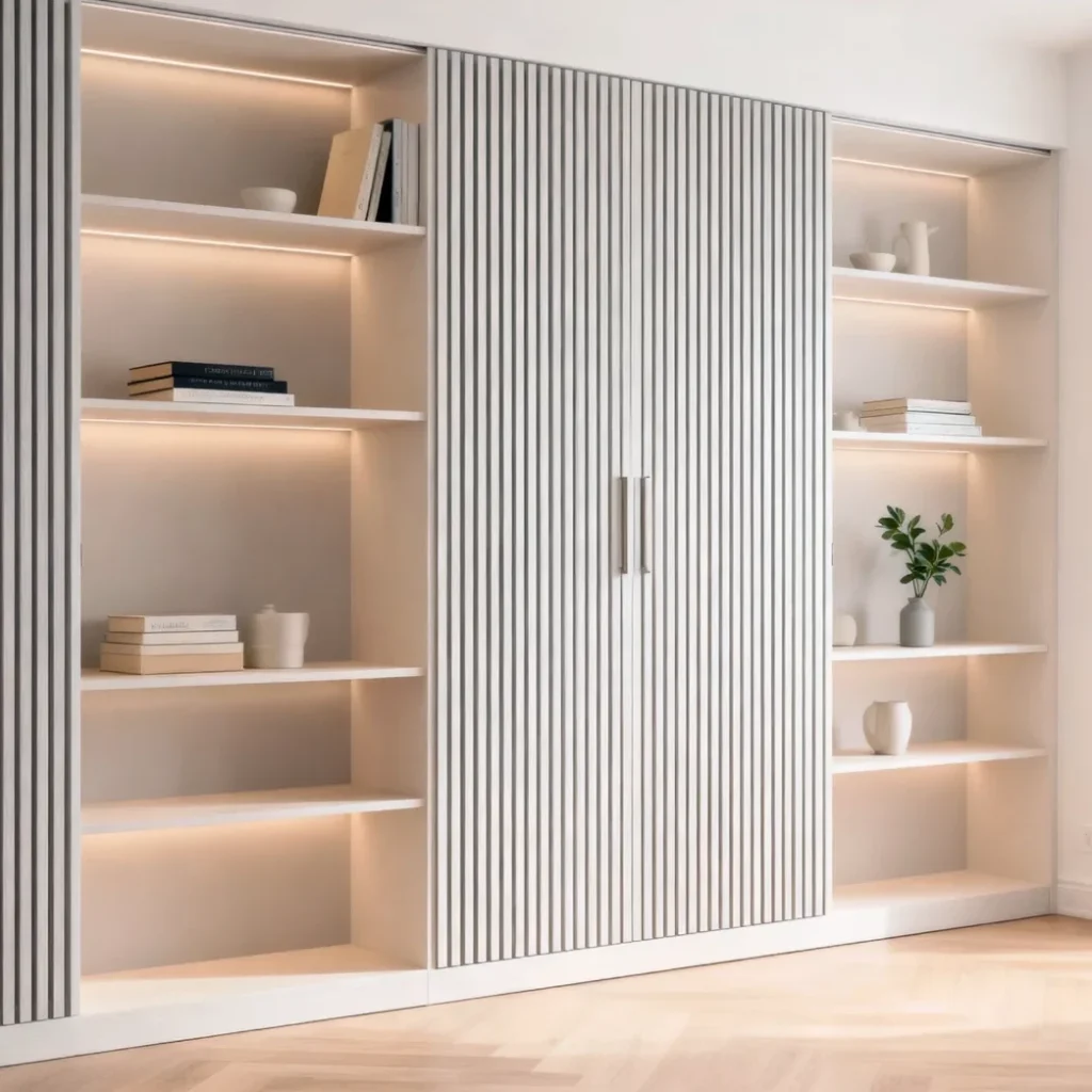 Komandor Heliodor sliding door system featuring a fluted decorative panel finish and custom floor-to-ceiling built-in shelving. This architectural furniture system includes integrated LED closet lighting recessed directly into the millwork profiles to provide shadow-free illumination. The sliding doors utilize a bi-pass application with patented ball-bearing rollers and an anti-jump mechanism for smooth, quiet operation. Every component is custom-manufactured to the nearest 1/32 inch, offering a high-end European design alternative to traditional static cabinetry.