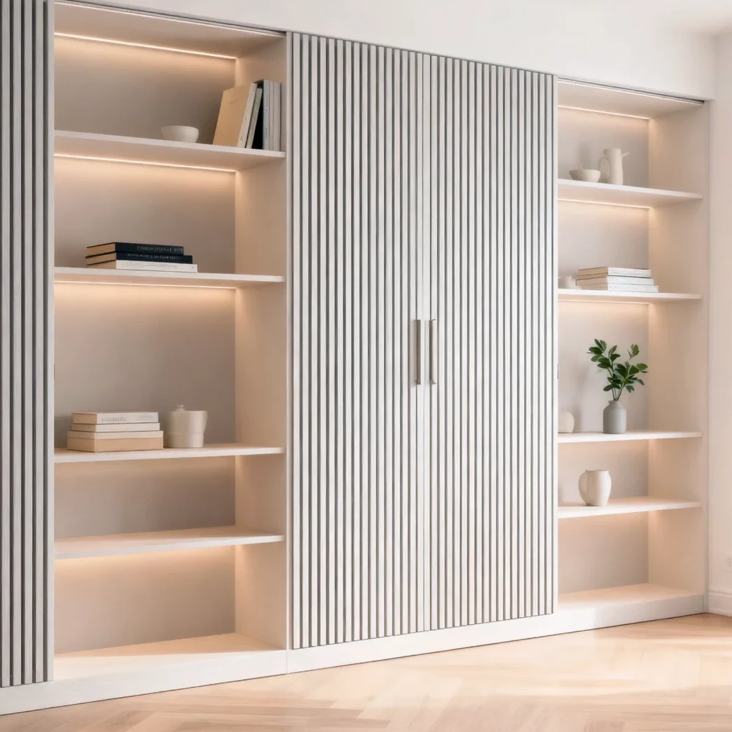 Komandor Heliodor sliding door system featuring a fluted decorative panel finish and custom floor-to-ceiling built-in shelving. This architectural furniture system includes integrated LED closet lighting recessed directly into the millwork profiles to provide shadow-free illumination. The sliding doors utilize a bi-pass application with patented ball-bearing rollers and an anti-jump mechanism for smooth, quiet operation. Every component is custom-manufactured to the nearest 1/32 inch, offering a high-end European design alternative to traditional static cabinetry.