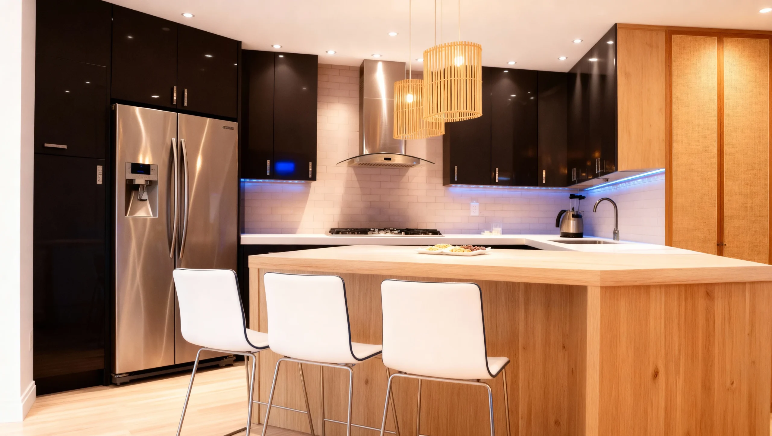 Komandor custom kitchen application featuring high-gloss black slab-style cabinetry with a frameless cabinet box construction. The design integrates specialized LED lighting options recessed into the cabinetry to provide shadow-free illumination over the white countertops. This full-service installation by Komandor GTA showcases a large natural wood-tone kitchen island, millimeter-precise built-in storage solutions, and premium European-style finishes. The layout highlights Komandor’s architectural approach to modern kitchen environments, combining professional-grade hardware with luxury residential aesthetics in a seamless, locally manufactured system.