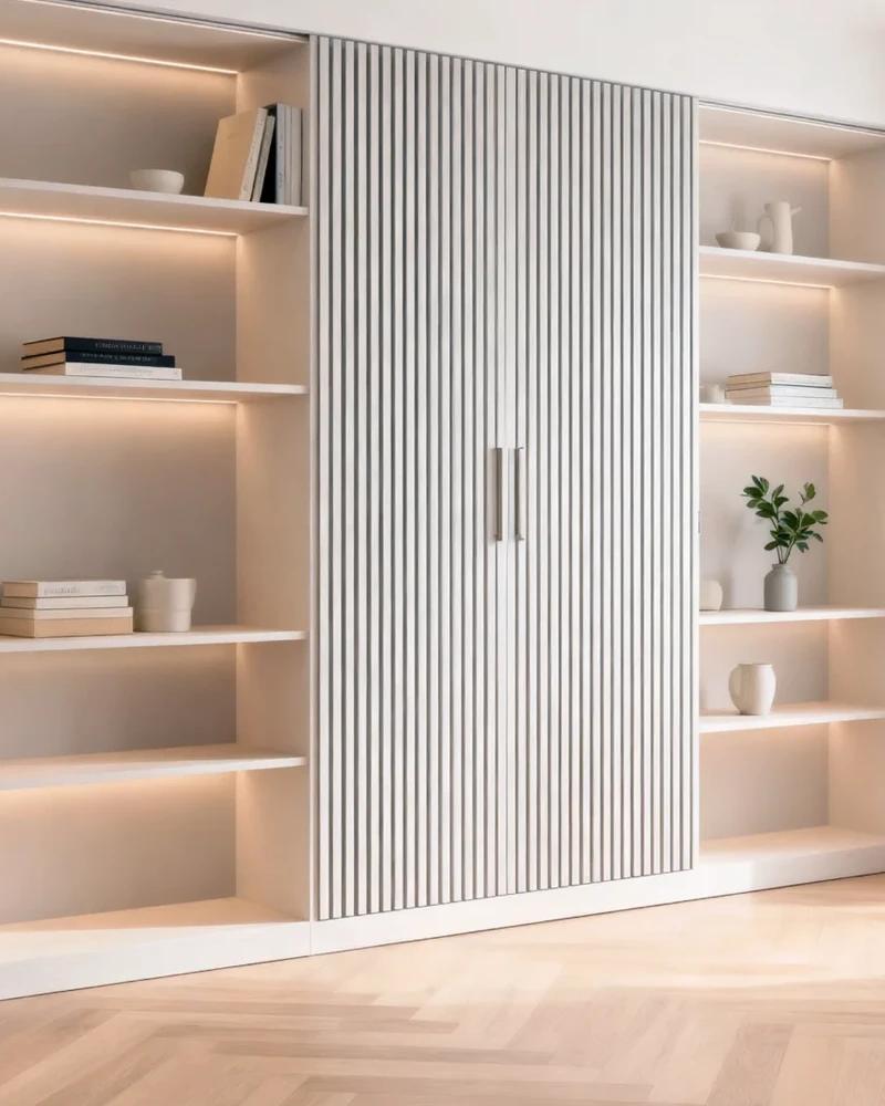 Komandor custom shelving system featuring integrated LED closet lighting and decorative slatted sliding doors. The architectural unit includes recessed LED strips diffused within the shelving to provide shadow-free illumination for display items. This hybrid storage solution utilizes a top-hung sliding mechanism for the white vertical-slat door panels, offering a modern alternative to traditional built-in wardrobes. Every component is manufactured with millimeter-precise European engineering, combining high-density laminate shelving with premium hardware to maximize functionality and aesthetic value in a minimalist residential living space.