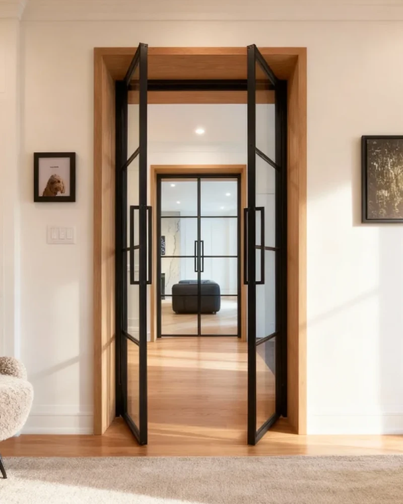 Komandor Lumi aluminum-framed glass partition and swing door system featuring a slim-profile black anodized aluminum framework. This interior glazing solution utilizes a fixed screen configuration with integrated pivot doors to divide open-concept residential spaces. The architectural system incorporates high-clarity safety glass inserts and horizontal mullions, offering a modern industrial aesthetic. Engineered for precision, the Lumi system provides structural rigidity without traditional framing, maximizing natural light flow while maintaining acoustic separation between living and dining areas.