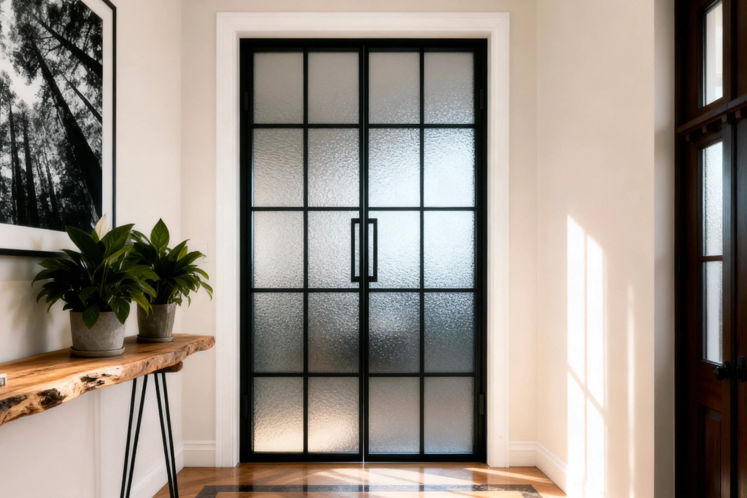 Komandor Lumi aluminum-framed glass swing door system featuring a modern black anodized slim profile frame. These interior glass doors utilize high-strength architectural frosted glass inserts to provide privacy while maintaining light transmission. The system is engineered with precision hinges and matching minimalist black pull handles. This Lumi partition solution is custom-manufactured to the millimeter, providing a high-end architectural alternative to traditional wood doors, suitable for contemporary residential applications and room divisions.