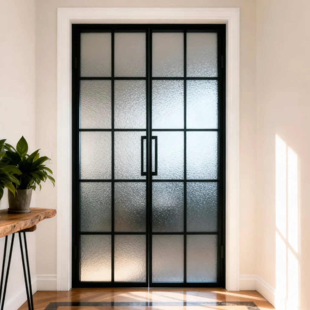 Komandor Lumi aluminum-framed glass swing door system featuring a modern black anodized slim profile frame. These interior glass doors utilize high-strength architectural frosted glass inserts to provide privacy while maintaining light transmission. The system is engineered with precision hinges and matching minimalist black pull handles. This Lumi partition solution is custom-manufactured to the millimeter, providing a high-end architectural alternative to traditional wood doors, suitable for contemporary residential applications and room divisions.