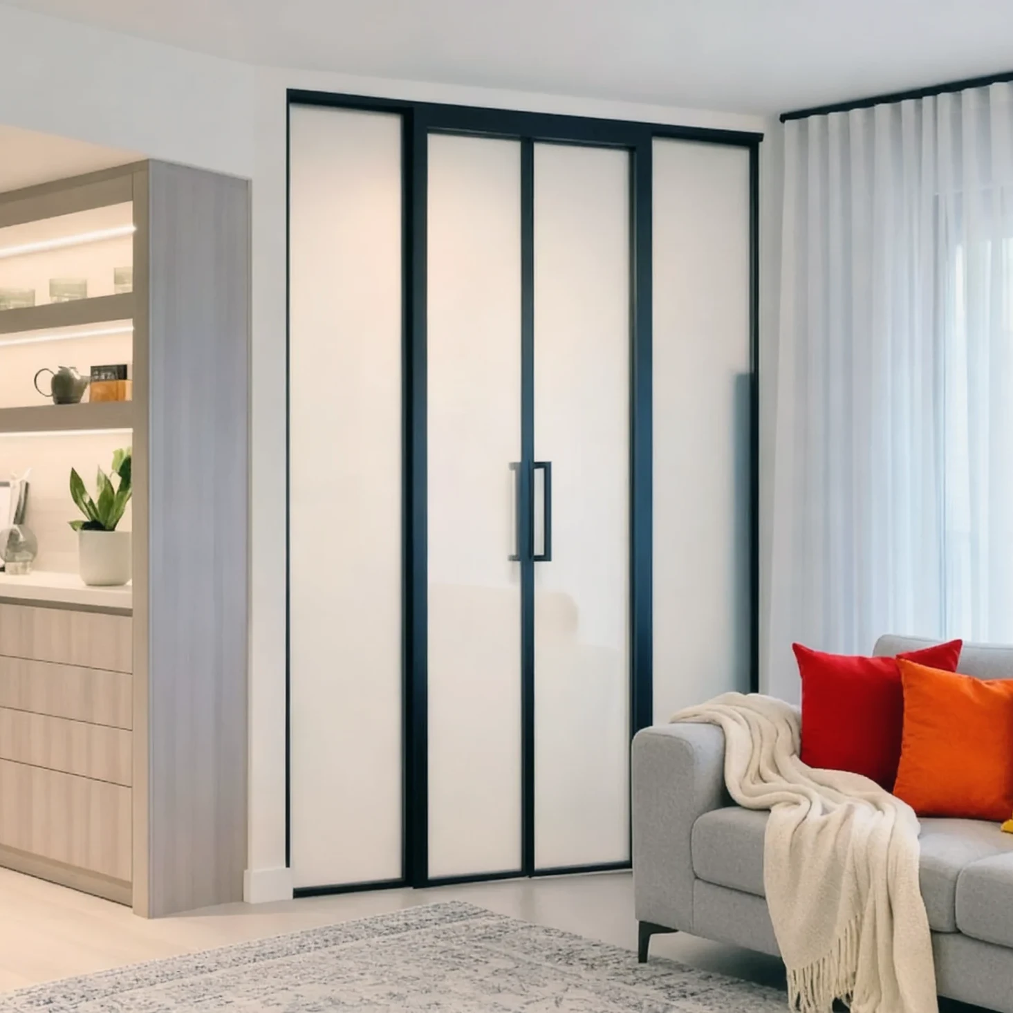 Komandor Lumi aluminum-framed glass partition and sliding door system featuring a black anodized architectural frame. This interior glazing system uses a bi-pass sliding mechanism with precision ball-bearing rollers and an integrated anti-jump safety feature for smooth, quiet operation. The panels incorporate frosted safety glass inserts, providing light diffusion and privacy. The floor-to-ceiling configuration demonstrates the millimeter-precise customization of the Lumi system, utilizing a low-profile bottom track and reinforced aluminum profiles for maximum structural rigidity in residential room division.