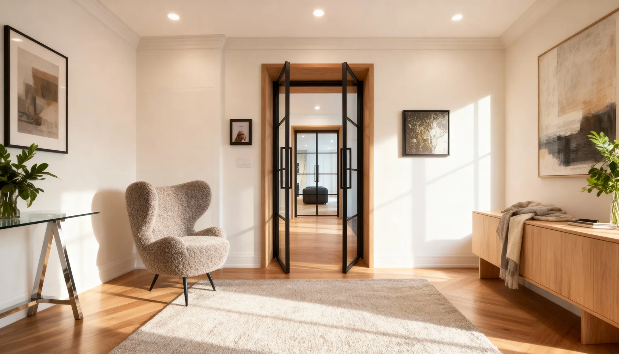 Komandor Lumi aluminum-framed glass partition and swing door system featuring a slim-profile black anodized aluminum frame. This architectural interior glazing solution utilizes a fixed screen and integrated pivoting door with horizontal muntin bars to create a modern industrial aesthetic. The Lumi system provides acoustic separation while maintaining visual transparency, engineered with European precision for seamless floor-to-ceiling integration in luxury residential Greater Toronto Area homes.