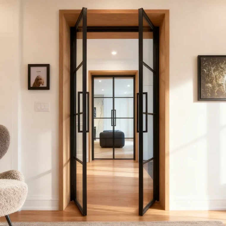 Komandor Lumi aluminum-framed glass partition and swing door system featuring a slim-profile black anodized aluminum frame. This architectural interior glazing solution utilizes a fixed screen and integrated pivoting door with horizontal muntin bars to create a modern industrial aesthetic. The Lumi system provides acoustic separation while maintaining visual transparency, engineered with European precision for seamless floor-to-ceiling integration in luxury residential Greater Toronto Area homes.