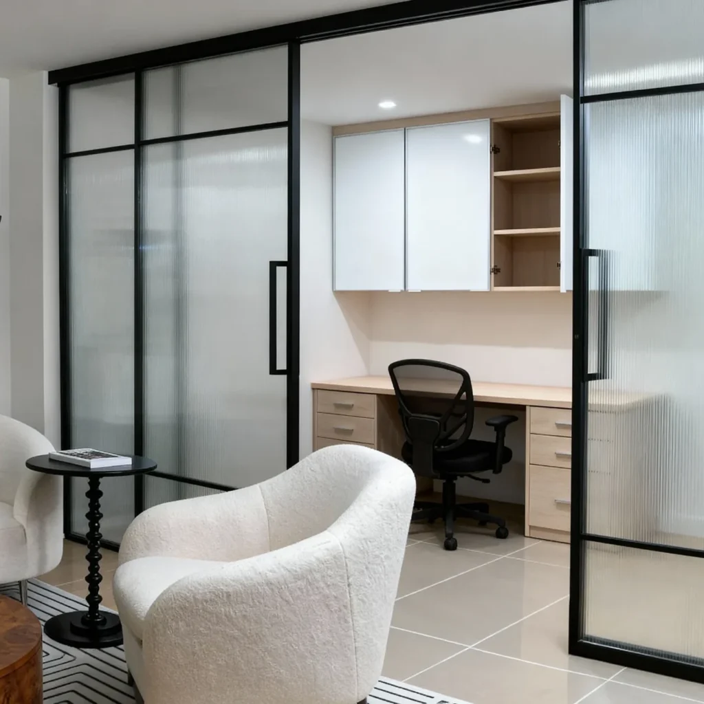 Komandor Lumi aluminum-framed interior glazing system featuring a fixed glass screen and integrated swing door partition. This architectural solution utilizes slim-profile anodized aluminum frames to secure fluted architectural glass inserts, providing a modern alternative to traditional drywall. The system is custom-manufactured to the millimeter, incorporating a header-mounted track for stability and precision-engineered hinges for a seamless, quiet operation. This high-end partition maximizes natural light flow while defining distinct zones within a residential space.