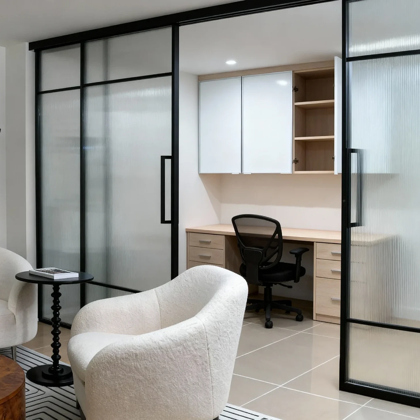 Komandor Lumi aluminum-framed interior glazing system featuring a fixed glass screen and integrated swing door partition. This architectural solution utilizes slim-profile anodized aluminum frames to secure fluted architectural glass inserts, providing a modern alternative to traditional drywall. The system is custom-manufactured to the millimeter, incorporating a header-mounted track for stability and precision-engineered hinges for a seamless, quiet operation. This high-end partition maximizes natural light flow while defining distinct zones within a residential space.