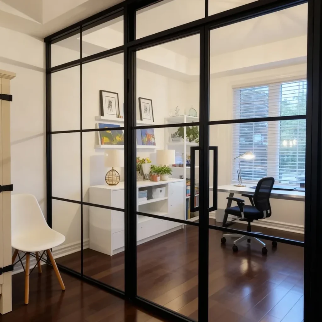 Komandor Lumi aluminum-framed interior glazing system featuring a fixed glass partition wall with integrated swing doors. The system utilizes a slim, black anodized aluminum frame in a grid-style loft aesthetic with clear tempered glass inserts. Designed for open-concept spatial division, this architectural partition provides sound attenuation while maintaining visual transparency. The Lumi system includes floor-to-ceiling vertical profiles and horizontal mullions engineered for structural stability and precision millimeter-fit installation in residential Greater Toronto Area homes.