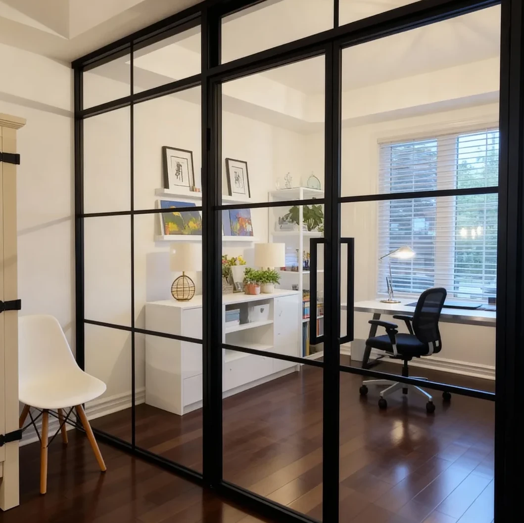 Komandor Lumi aluminum-framed interior glazing system featuring a fixed glass partition wall with integrated swing doors. The system utilizes a slim, black anodized aluminum frame in a grid-style loft aesthetic with clear tempered glass inserts. Designed for open-concept spatial division, this architectural partition provides sound attenuation while maintaining visual transparency. The Lumi system includes floor-to-ceiling vertical profiles and horizontal mullions engineered for structural stability and precision millimeter-fit installation in residential Greater Toronto Area homes.