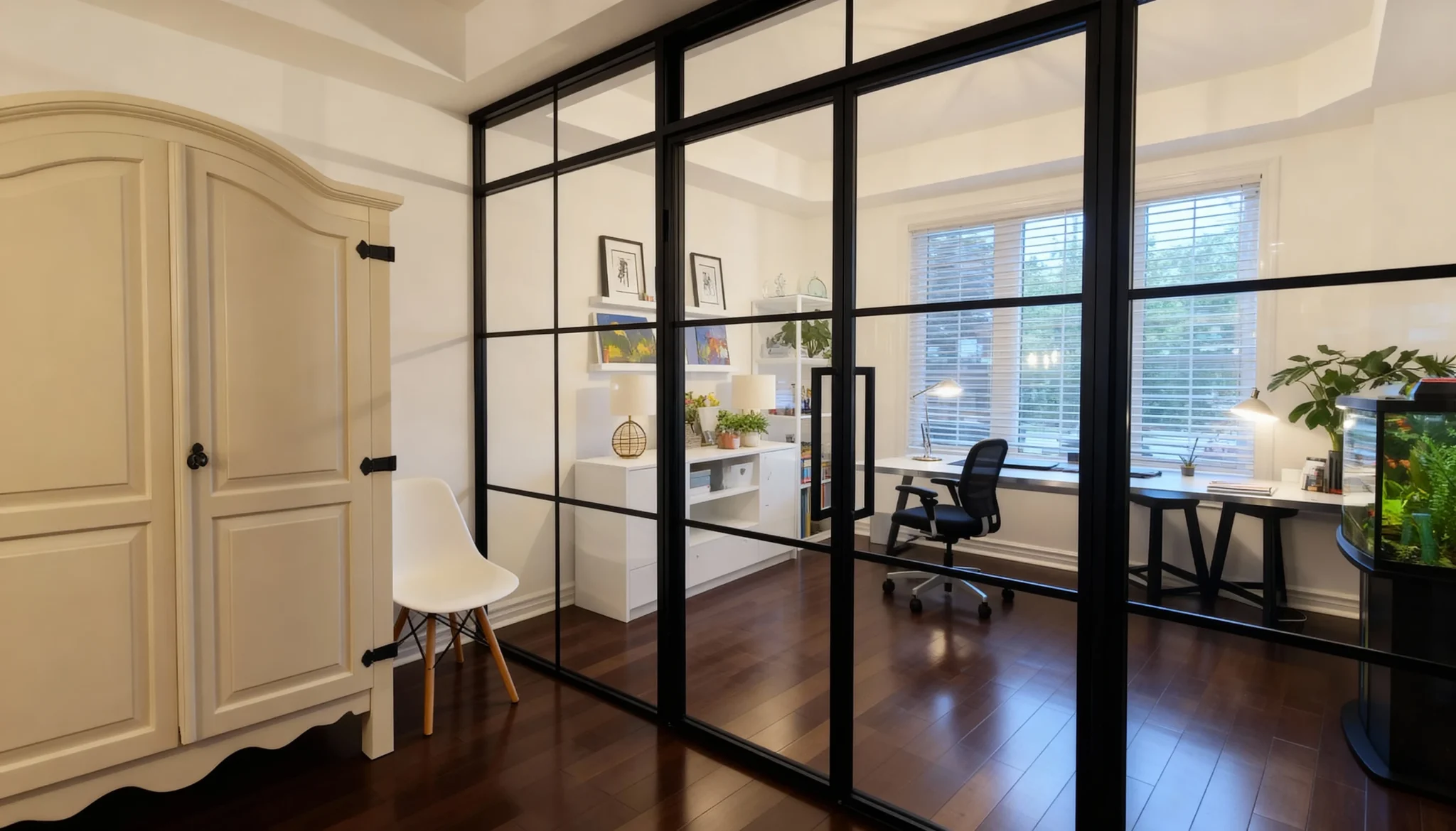 Komandor Lumi aluminum-framed interior glazing system featuring a fixed glass partition wall with integrated swing doors. The system utilizes a slim, black anodized aluminum frame in a grid-style loft aesthetic with clear tempered glass inserts. Designed for open-concept spatial division, this architectural partition provides sound attenuation while maintaining visual transparency. The Lumi system includes floor-to-ceiling vertical profiles and horizontal mullions engineered for structural stability and precision millimeter-fit installation in residential Greater Toronto Area homes.