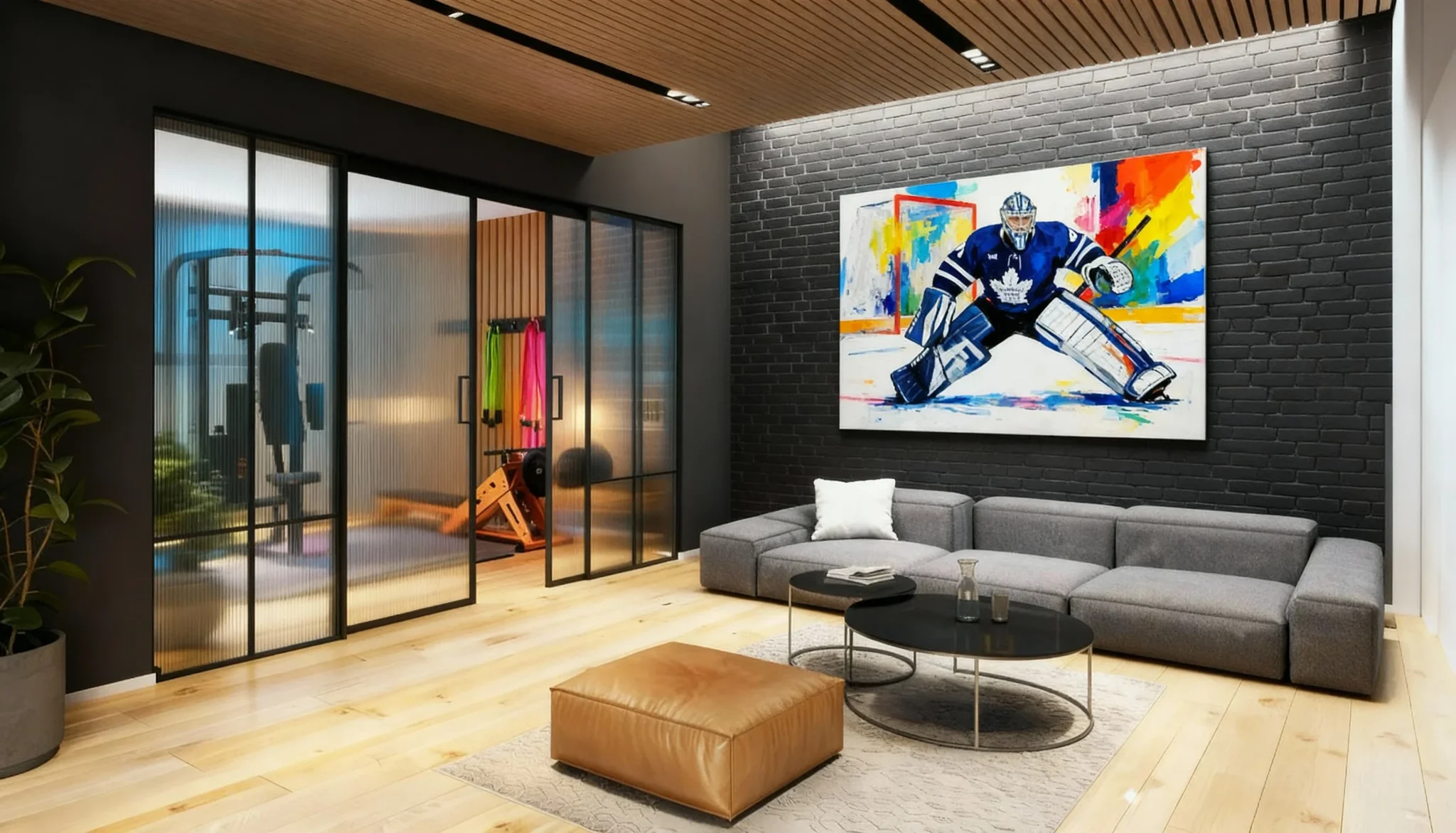 Komandor Lumi aluminum-framed interior glazing system featuring a fixed glass partition wall and an integrated swing door. This architectural solution utilizes high-grade anodized aluminum profiles to support large-format transparent glass inserts, creating a modern room divider. The Lumi system is engineered for structural rigidity and visual lightness, providing a seamless transition between open-concept living areas and functional zones like home gyms or offices without sacrificing natural light or sound attenuation.