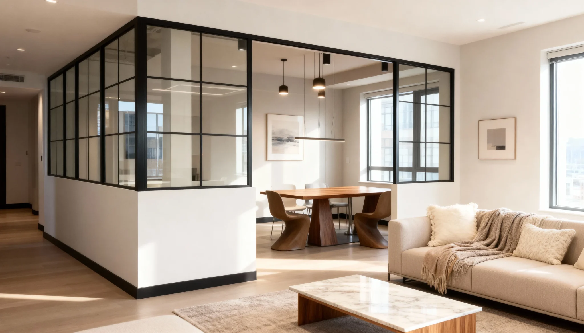 Komandor Lumi aluminum-framed glass partition and interior glazing system utilized as a fixed architectural screen and swing door. This high-end interior solution features a matte black anodized aluminum framework with a grid-pattern muntin design and transparent glass inserts. Engineered for open-concept spatial division, the Lumi system provides structural rigidity and sound attenuation without sacrificing natural light. The precision-fit assembly demonstrates Komandor’s millimeter-precise manufacturing, creating a seamless transition between living and dining areas.