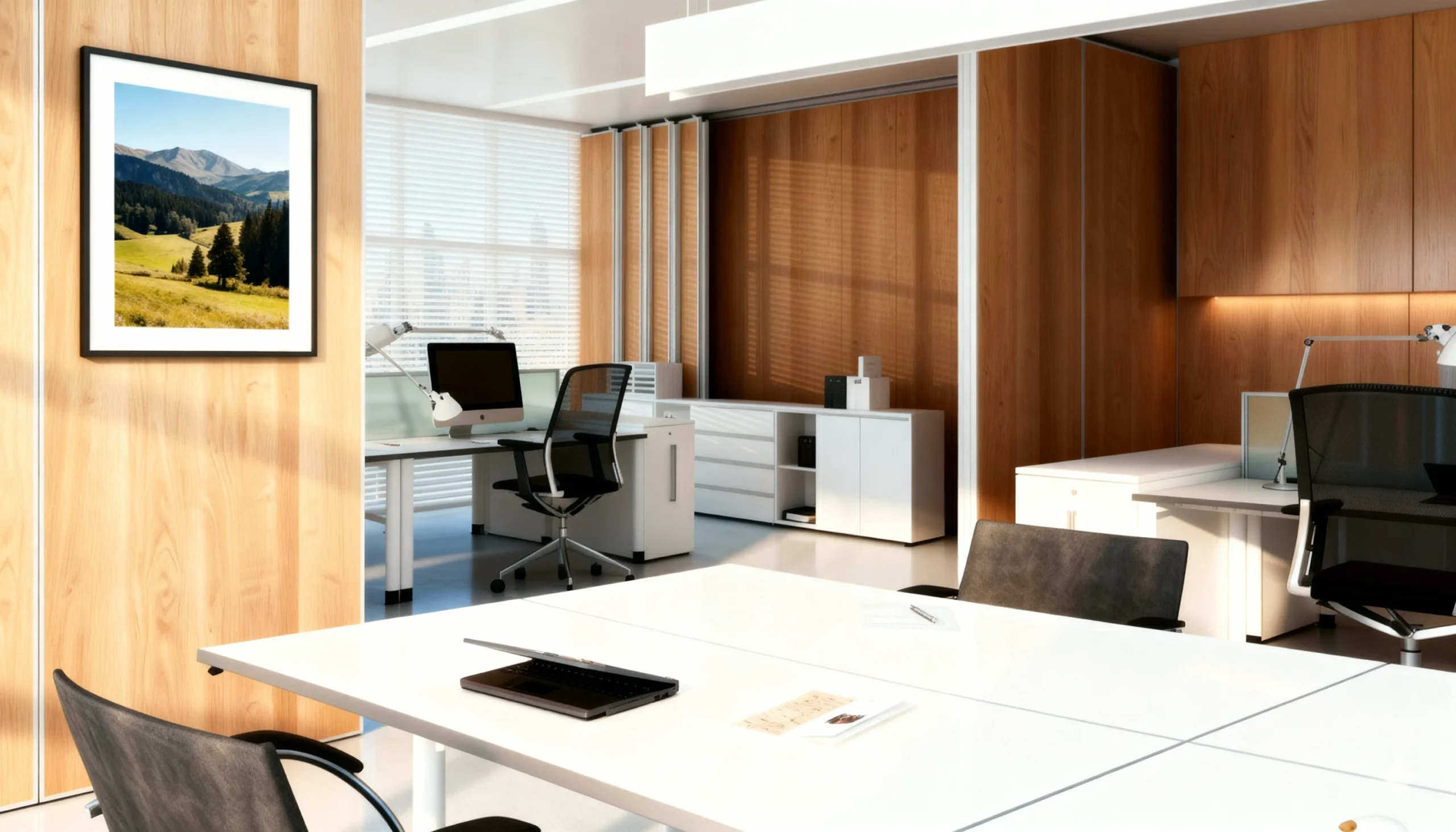 Komandor Lumi aluminum-framed interior glazing system featuring a black powder-coated 6063-T5 anodized aluminum frame for commercial office partitions. The bespoke installation includes a synchronized sliding glass door and fixed sidelite panels with horizontal muntins for a modern industrial aesthetic. This high-density system utilizes precision ball-bearing rollers and anti-jump mechanisms to ensure silent, smooth operation for floor-to-ceiling glass wall dividers in professional workspace environments.