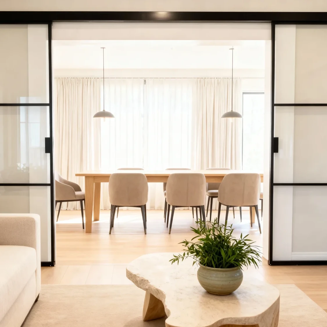 Komandor Lumi aluminum-framed glass partition and sliding door system designed for architectural room division. This interior glazing system features ultra-slim anodized aluminum profiles with a multi-pane grid aesthetic. The configuration includes a bi-pass sliding mechanism and fixed screens using clear tempered safety glass. Engineered for floor-to-ceiling application, the Lumi system utilizes a robust upper track and protected guide pins to ensure smooth, quiet operation without the need for floor-level thresholds, maintaining a seamless modern interior flow.