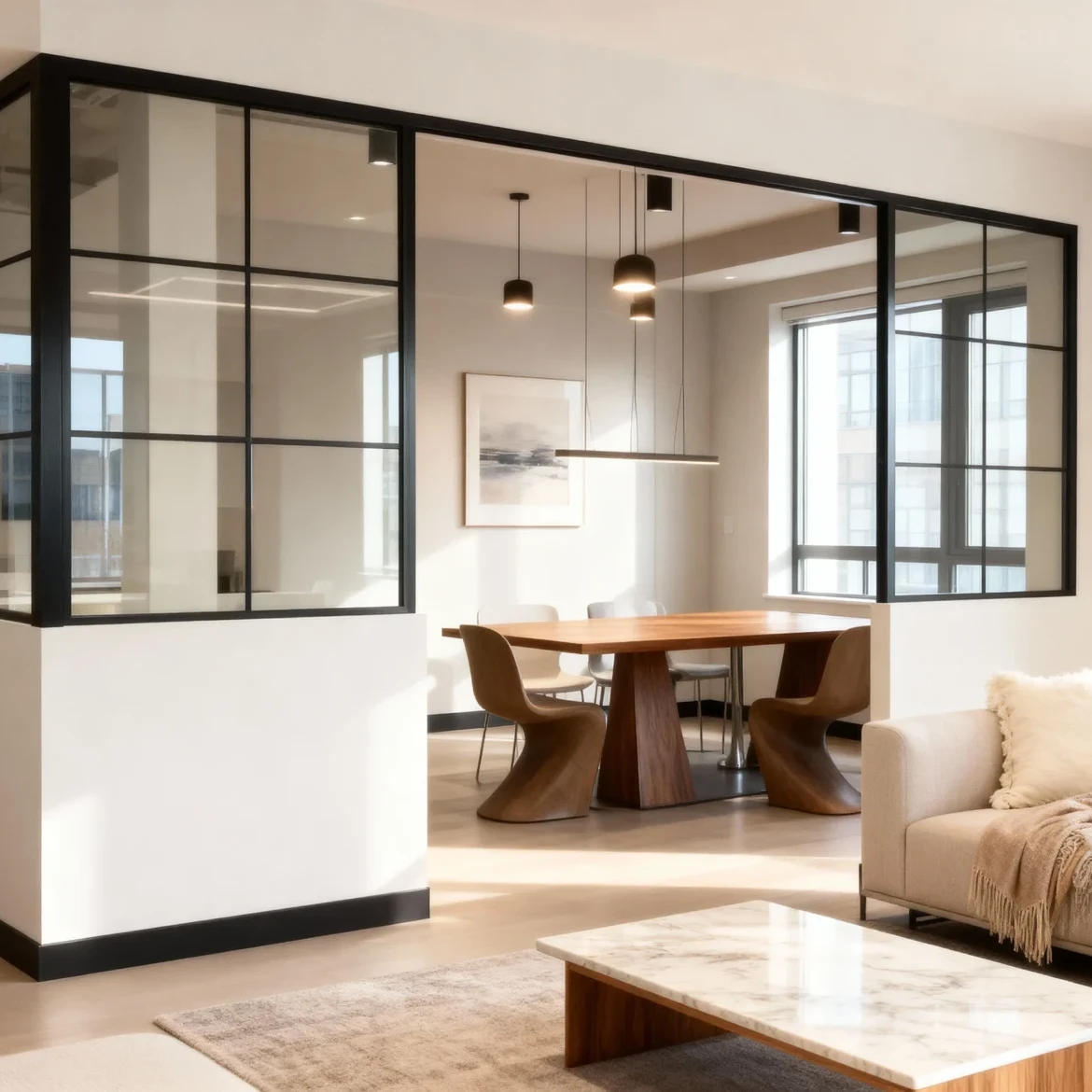 Komandor Lumi aluminum-framed interior glazing system featuring clear glass and a minimalist black anodized aluminum grid. This architectural partition wall includes a bi-pass sliding door and fixed corner screens, specifically designed for modern residential spaces. The Lumi system utilizes European-engineered hardware with ball-bearing rollers and a robust upper track to ensure smooth, quiet operation. This custom-built solution allows for maximum light transparency while creating a functional zone separation between a luxury living area and an adjacent dining room or office.