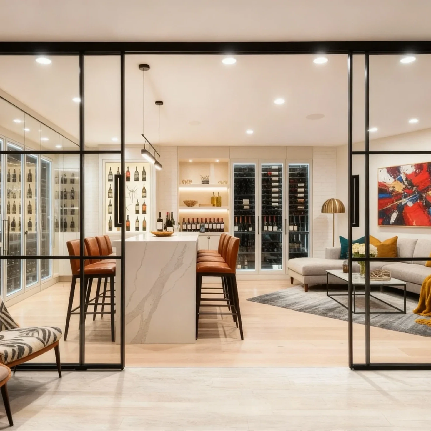 Komandor Lumi aluminum-framed glass wall and swing door system featuring a modern multi-pane grid design. This high-end interior glazing system acts as a sophisticated partition between a custom wine cellar and a luxury living area. The system is constructed with slim-profile charcoal black anodized aluminum frames and tempered safety glass inserts. Engineered for residential interiors, the Lumi partition provides an open-concept aesthetic while maintaining distinct functional zones, utilizing high-quality Canadian manufacturing and European-inspired hardware for seamless architectural integration.