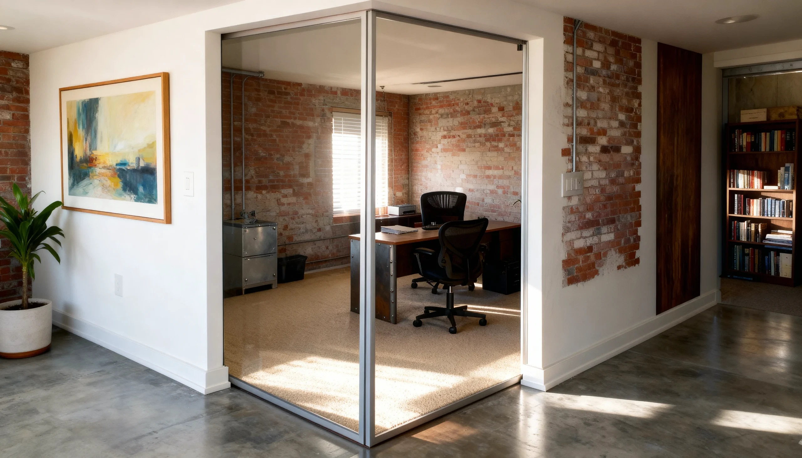 Komandor Lumi aluminum-framed glass partition and swing door system featuring a floor-to-ceiling interior glazing design. This hybrid architectural system utilizes slim-profile anodized aluminum frames to support large-format transparent glass panels, creating a modern room divider. The structural design includes a pivot-style swing door with vertical pull handles and integrated perimeter gaskets for sound dampening. This precision-engineered glazing solution allows for maximum light transmission while maintaining distinct spatial separation in residential open-concept layouts.