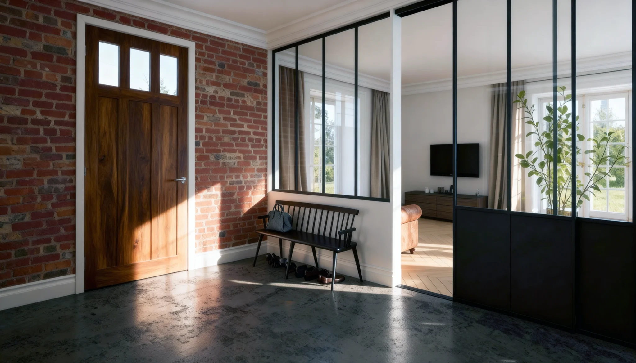 Komandor Lumi aluminum-framed interior glazing system featuring a fixed glass partition wall and an integrated sliding door. This architectural solution utilizes slim-profile black anodized aluminum frames to secure clear safety glass inserts, creating a modern industrial-style room divider. The system is engineered with precision corner posts for structural stability and allows for seamless light transmission between living areas while maintaining a high-end, minimalist aesthetic characteristic of bespoke Canadian-made interior solutions.