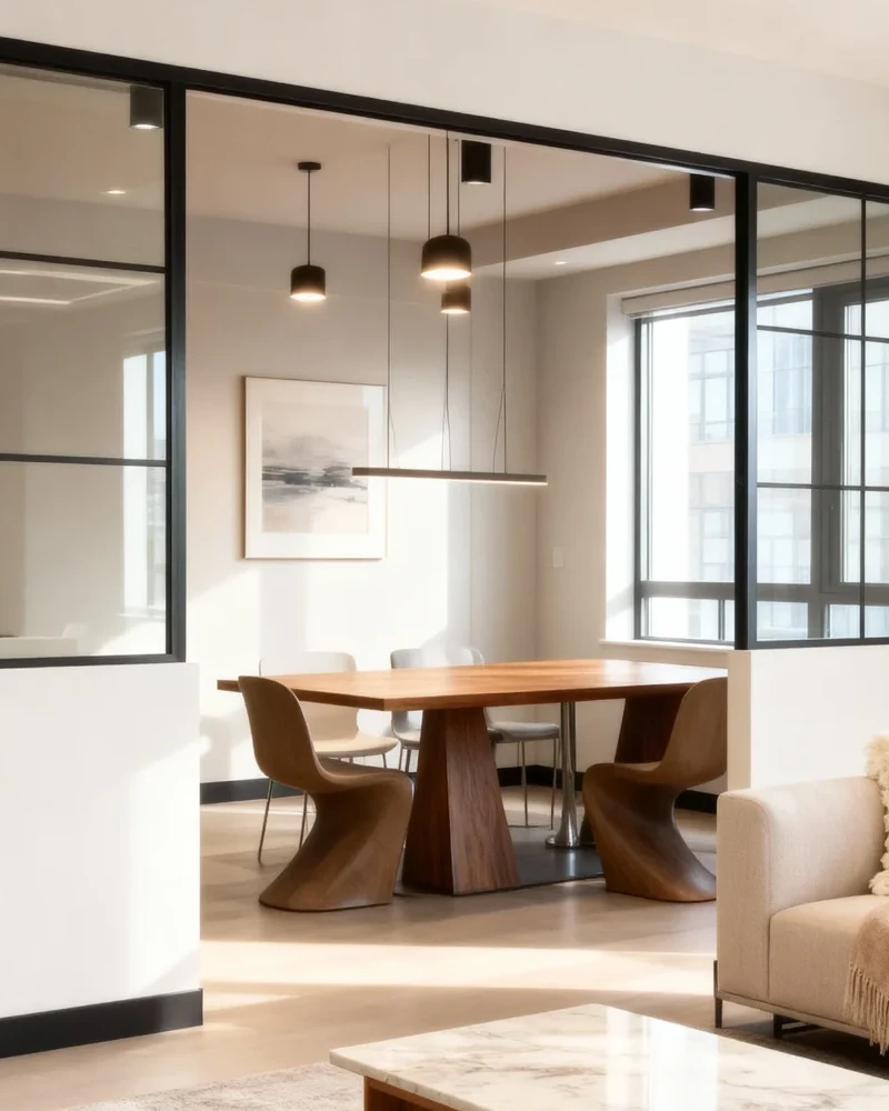 Komandor Lumi aluminum-framed glass partition system utilized as an architectural room divider. The configuration features a matte black anodized aluminum frame with a grid-style mullion design, enclosing clear tempered safety glass panels. This interior glazing solution employs slim-profile industrial engineering to create a physical boundary without obstructing natural light. The system is custom-manufactured to the millimeter, providing a modern alternative to traditional drywall framing for open-concept residential living spaces.