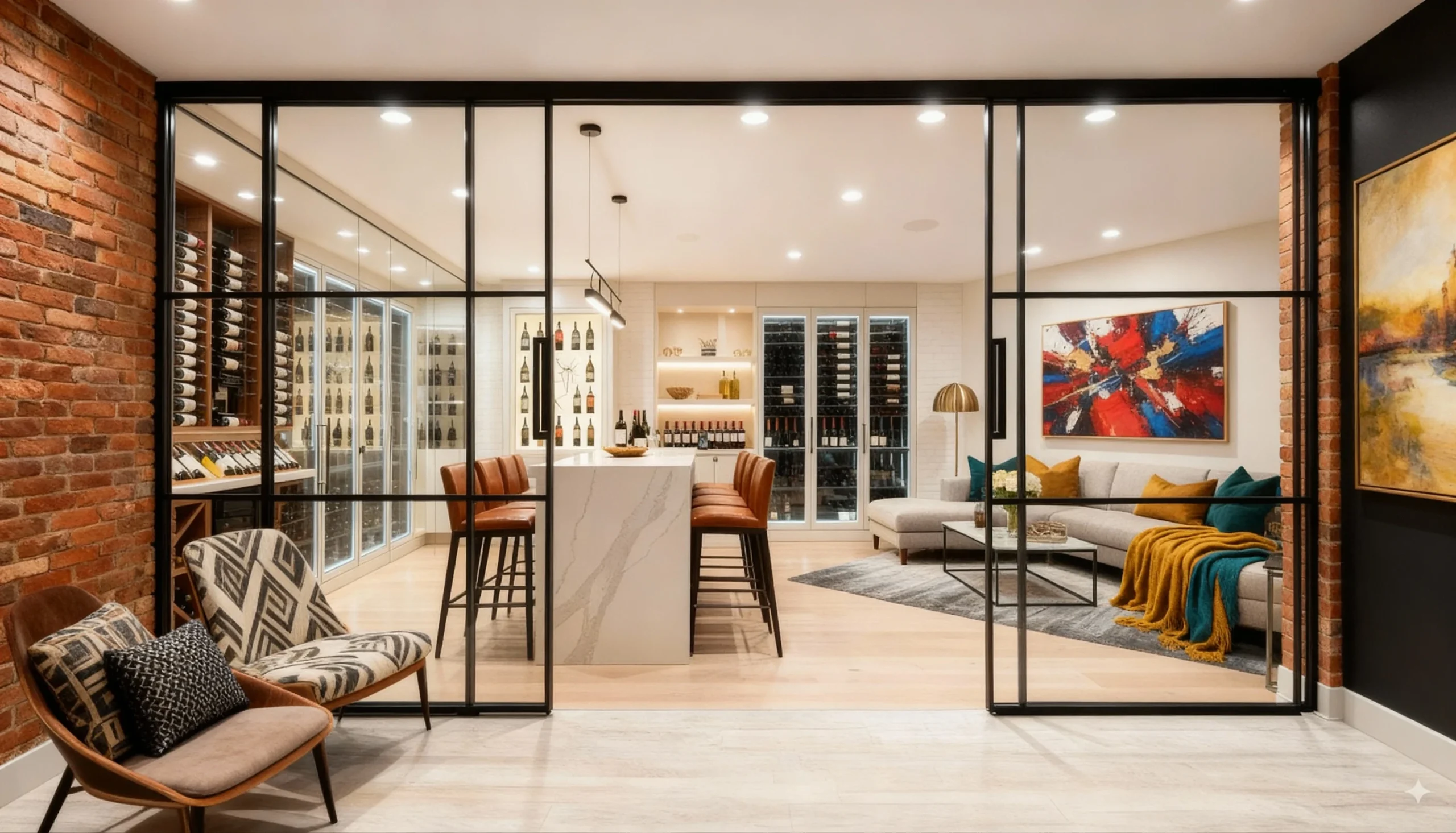 Komandor Lumi aluminum-framed interior glazing system used as a custom wine room enclosure and partition. The system features a black anodized aluminum frame with clear tempered glass inserts and integrated sleek pull handles. This architectural solution utilizes millimeter-precise manufacturing to create a floor-to-ceiling glass wall that seamlessly integrates with local GTA home interiors. The Lumi system provides a high-end European aesthetic for luxury storage, combining industrial-grade structural integrity with sophisticated residential design for temperature-controlled environments.